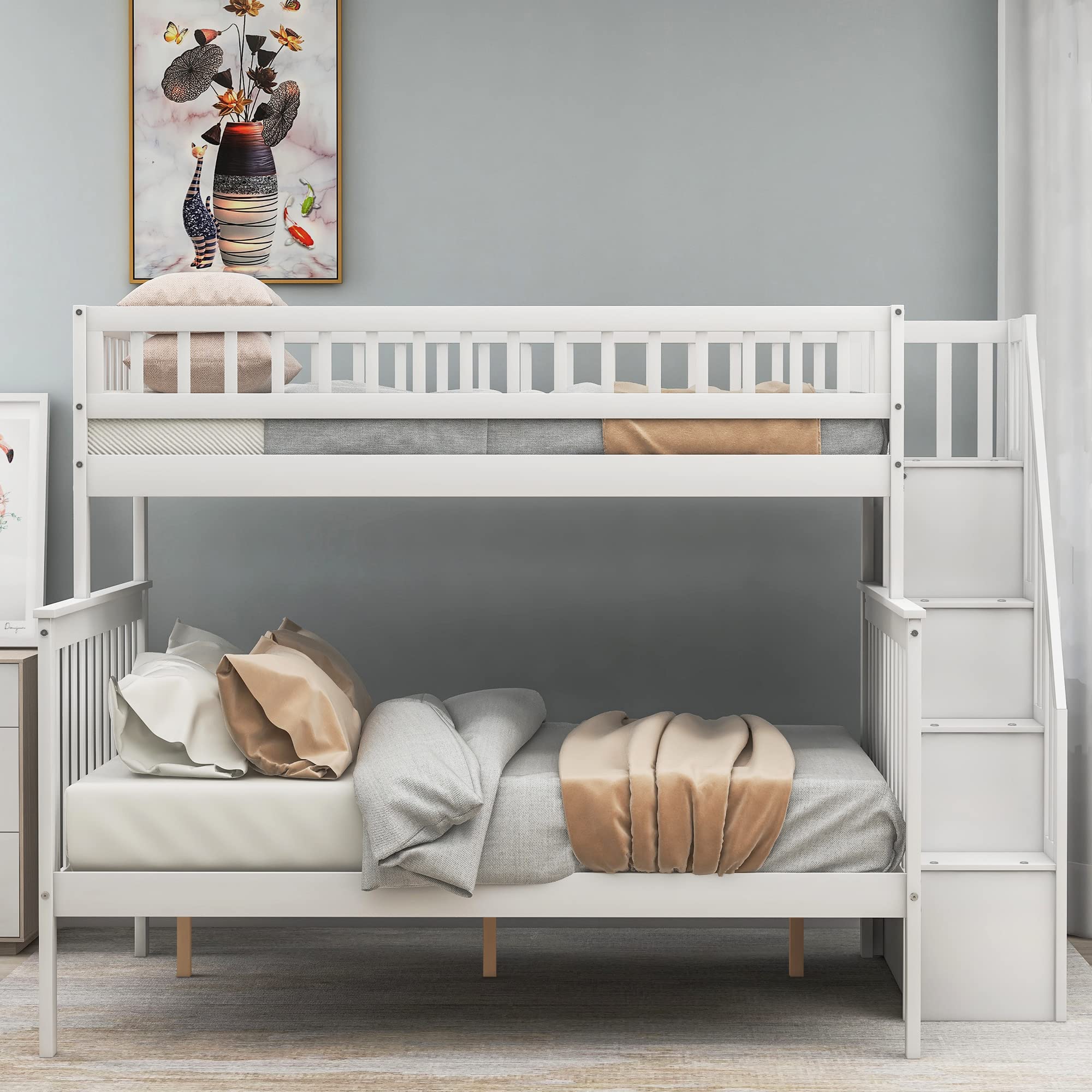 MERITLINE Twin Over Full Bunk Bed with Stairs - Solid Wood Stairway Bunk Bed with Storage & Guard Rail for Kids, Teens & Adults - White - Perfect for Small Bedrooms, Guest Rooms & Vacation Homes