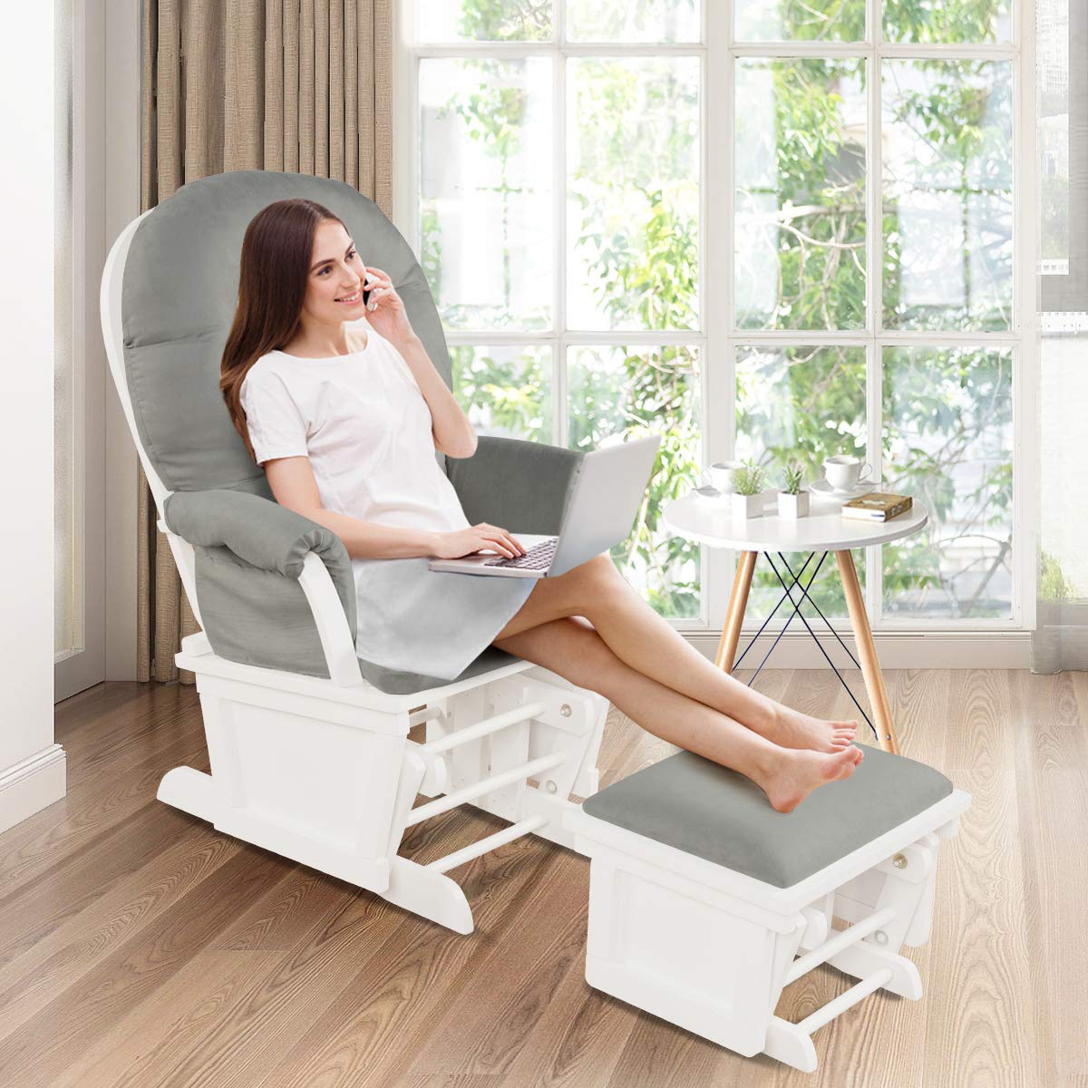 Costzon Baby Glider and Ottoman Set - Light Grey Upholstered Nursery Chair with Padded Armrests & Detachable Cushion | Wooden Rocking Chair for Nursing, Napping & Reading | Perfect for Nursery, Bedroom or Living Room