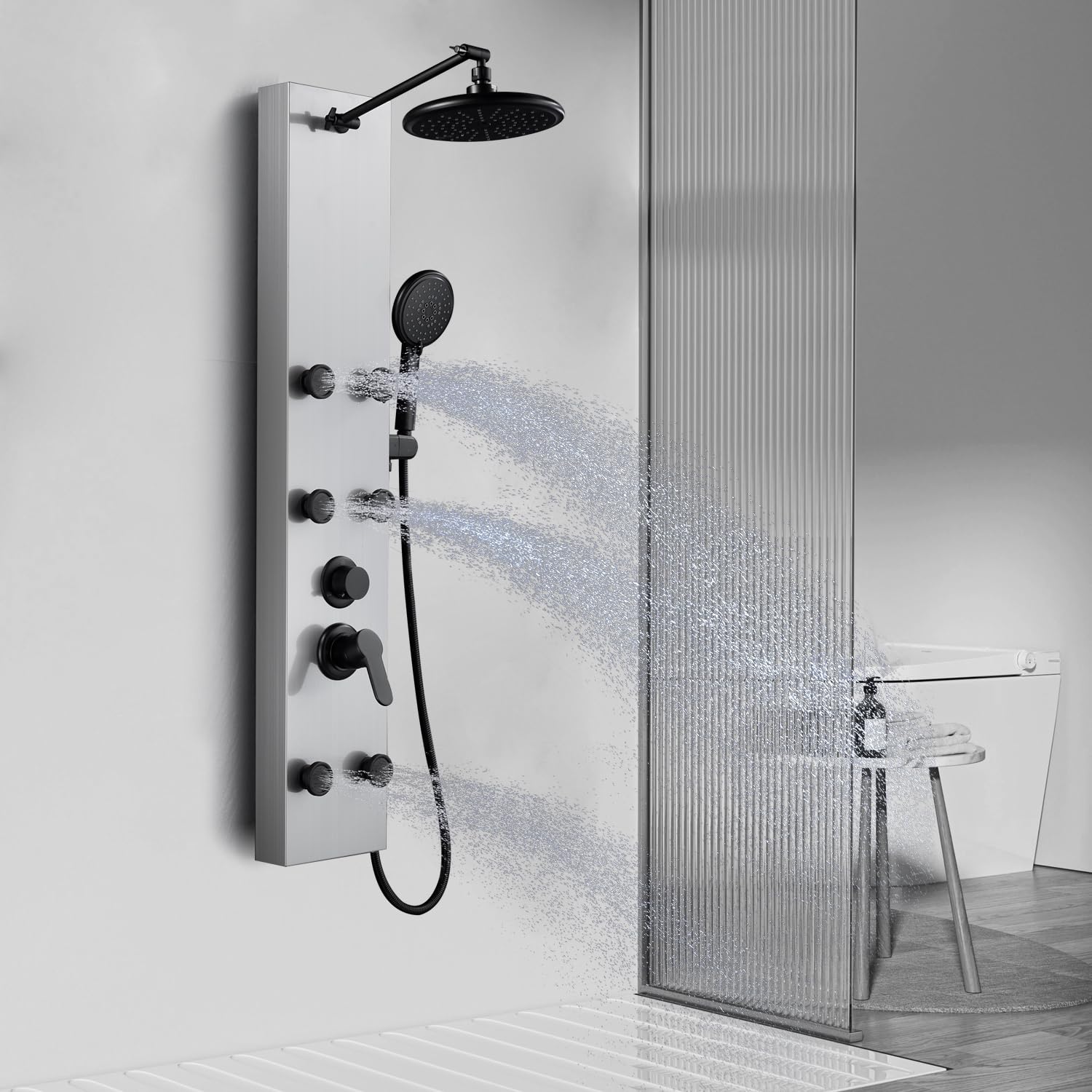 Premium Shower Panel Tower System with Adjustable Rainfall Shower Head, 6 Body Massage Jets & 5-Function Handheld Shower - Brushed Stainless Steel for Luxury Spa Experience at Home