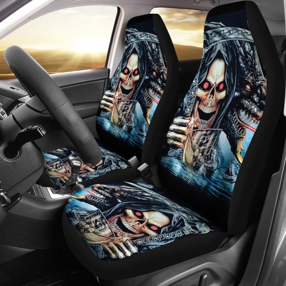 2 Pcs Gothic Skull Car Seat Covers - Universal Fit for Cars, Trucks & SUVs - Black Skull Pattern Auto Accessories for Halloween, Gothic Style & Horror Fans - Perfect for Themed Parties, Car Shows & Everyday Use