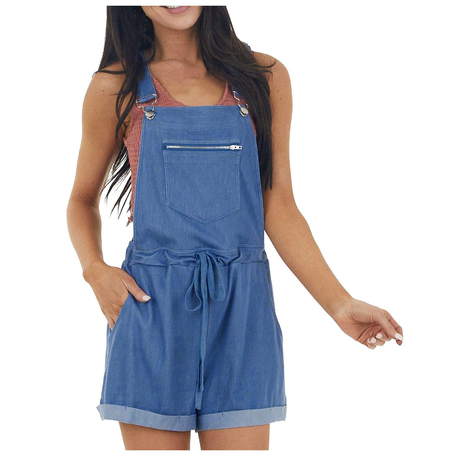 Women's Rolled Hem Denim Jumpsuit - Adjustable Strap Bib Overalls, Casual Summer Jeans Shorts Romper for Juniors | Perfect for Outdoor Activities, Music Festivals & Casual Wear