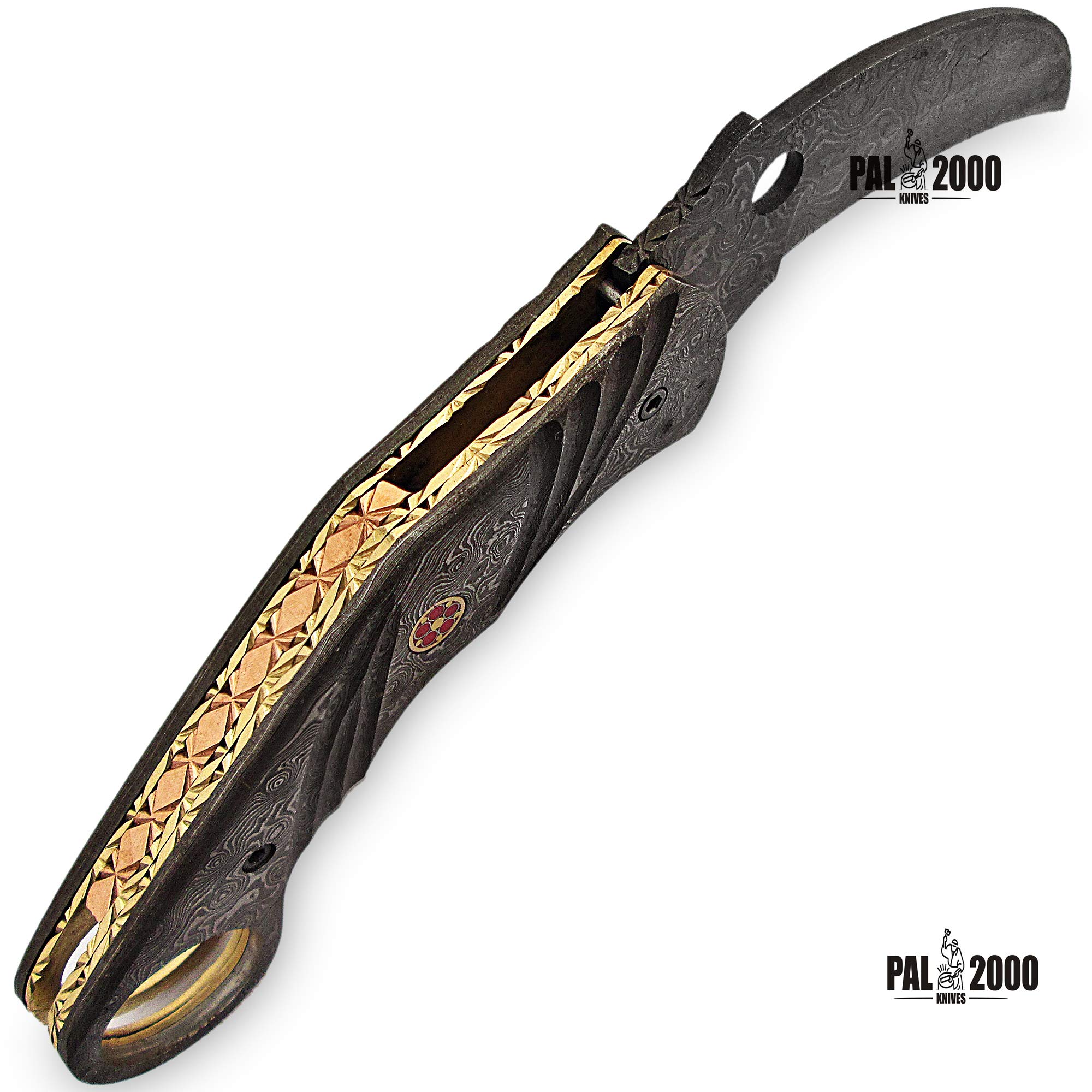 Custom Handmade Damascus Steel Folding Pocket Knife - 7.6 Inch Blade with Leather Sheath - PAL 2000 Series - Perfect for Camping, Hiking & Everyday Carry (EDC)