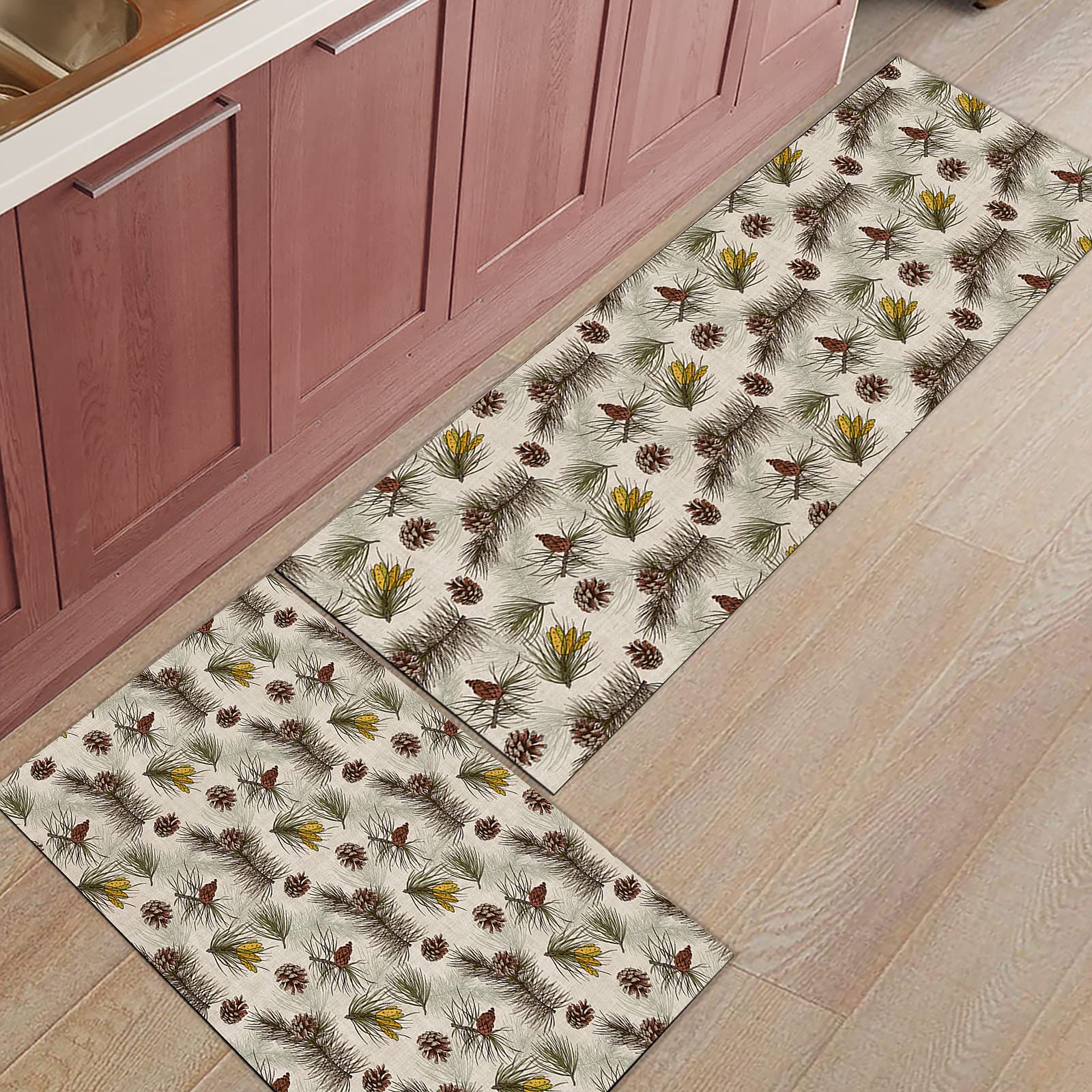 2-Piece Winter Pine Cone & Tree Branches Non-Slip Kitchen Rug Set - Vintage Christmas Indoor Floor Mat for Entrance, Hallway & Cozy Home Decor