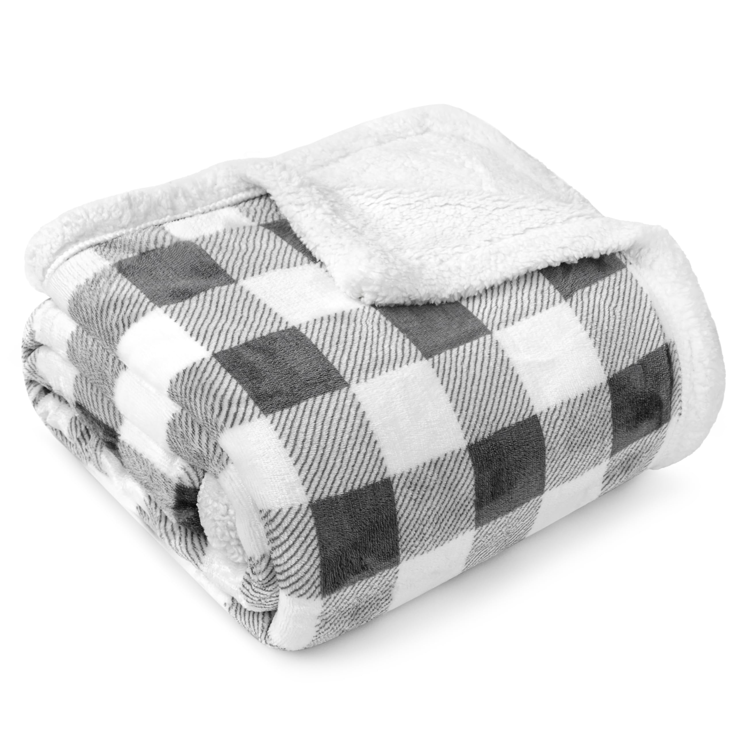 PAVILIA Light Grey Buffalo Plaid Sherpa Throw Blanket - 50x60 Inches Ultra Soft Fleece Blanket for Couch, Bed & Winter Warmth - Cozy Checkered Flannel Blanket Perfect for Living Room, Sofa, Gift Giving & Cold Weather Snuggling