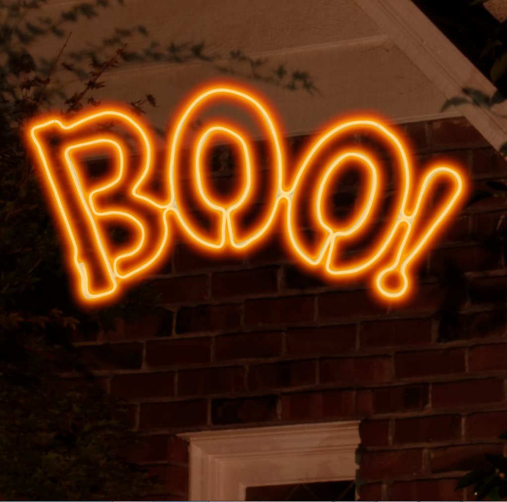 36x17 Inch Super Bright 666 LED Orange Boo Neon Sign - Waterproof Halloween Decor with UL Adapter for Outdoor Wall Hanging, Home Party & Holiday Decoration | Perfect for Porch, Yard, Haunted House & Spooky Theme Parties | Ideal for Halloween Night, Trick-or-Treat Decorations, Haunted Yard Displays & Horror Movie Nights | Great for Indoor & Outdoor Halloween Decor, Bar Sign, Club Lighting, and Themed Events