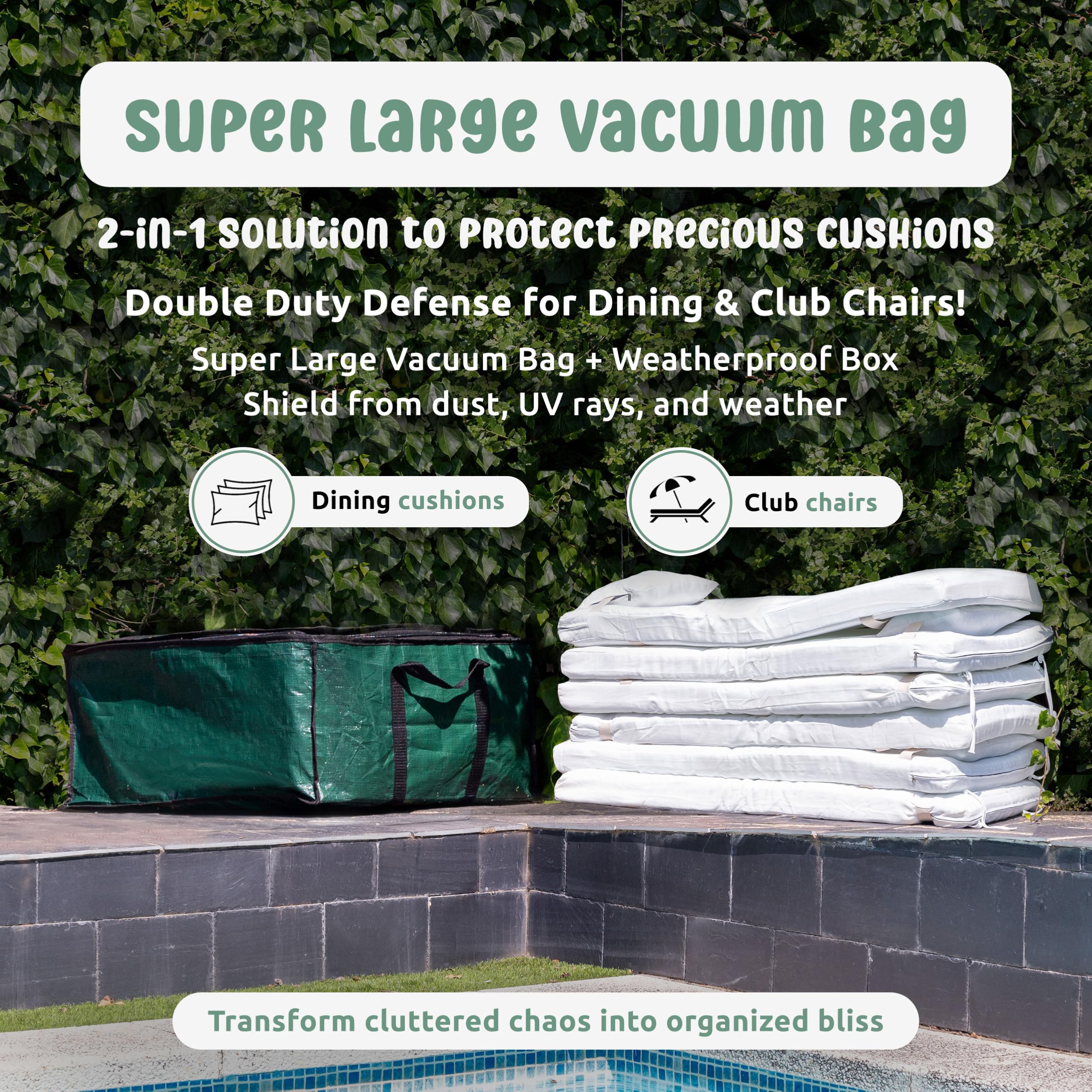 2-in-1 Vacuum Storage Bags with Weatherproof Box - Space Saving Solution for Small Dining & Patio Cushions | Compact Storage for Seasonal Decor, Travel & Home Organization