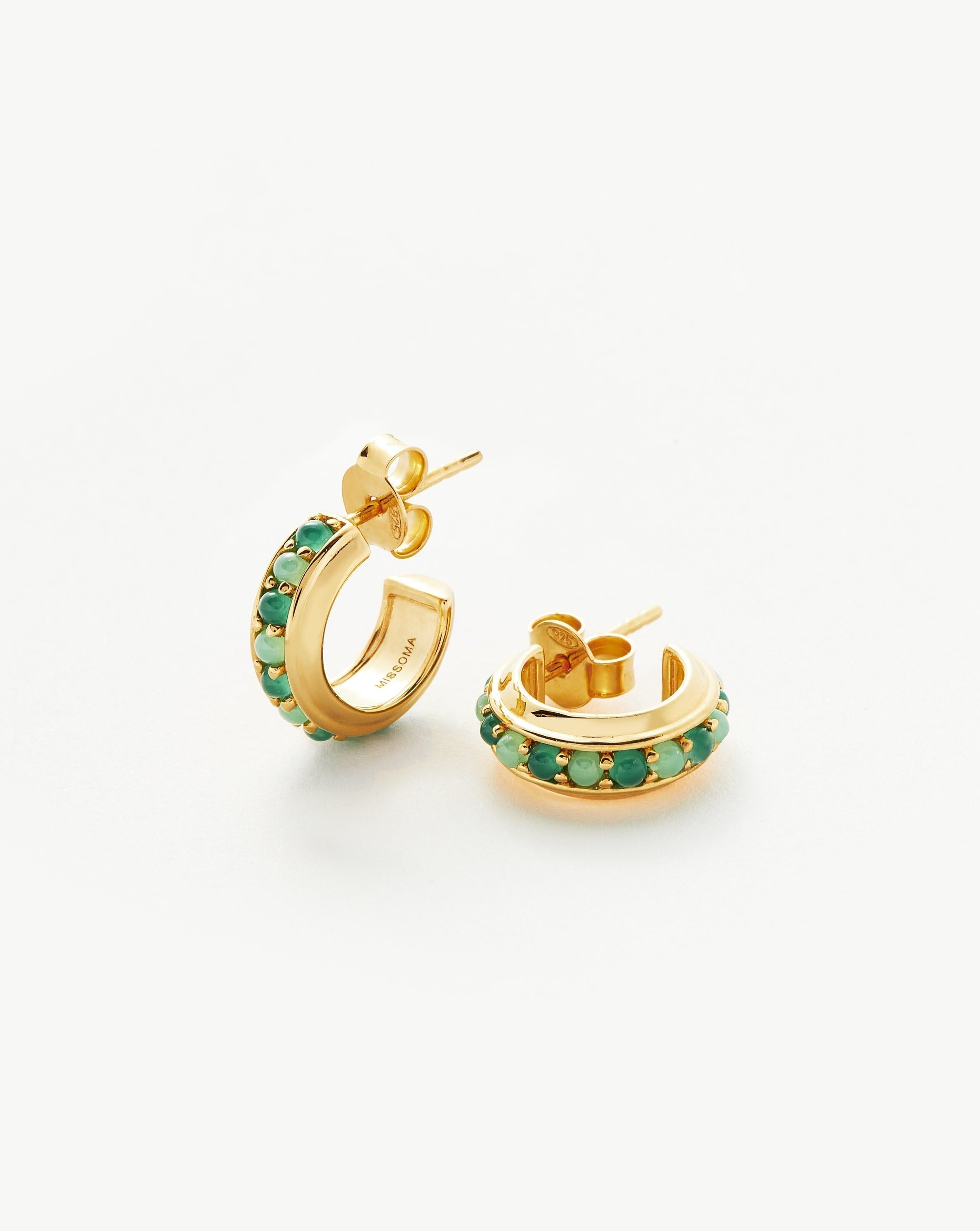Hot Rox Gemstone Small Hoop Earrings - 18k Gold Vermeil Green Onyx & Chalcedony Dainty Hoops for Women | Elegant Everyday Jewelry, Perfect for Office, Date Night & Special Occasions
