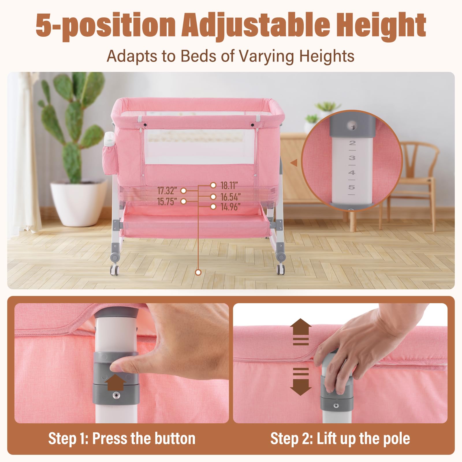 4-in-1 Adjustable Baby Bassinet & Bedside Sleeper with Mattress - Portable Folding Crib with Mosquito Net & Storage - Pink Nursery Bed for Newborns - Perfect for Co-Sleeping, Travel & Small Spaces
