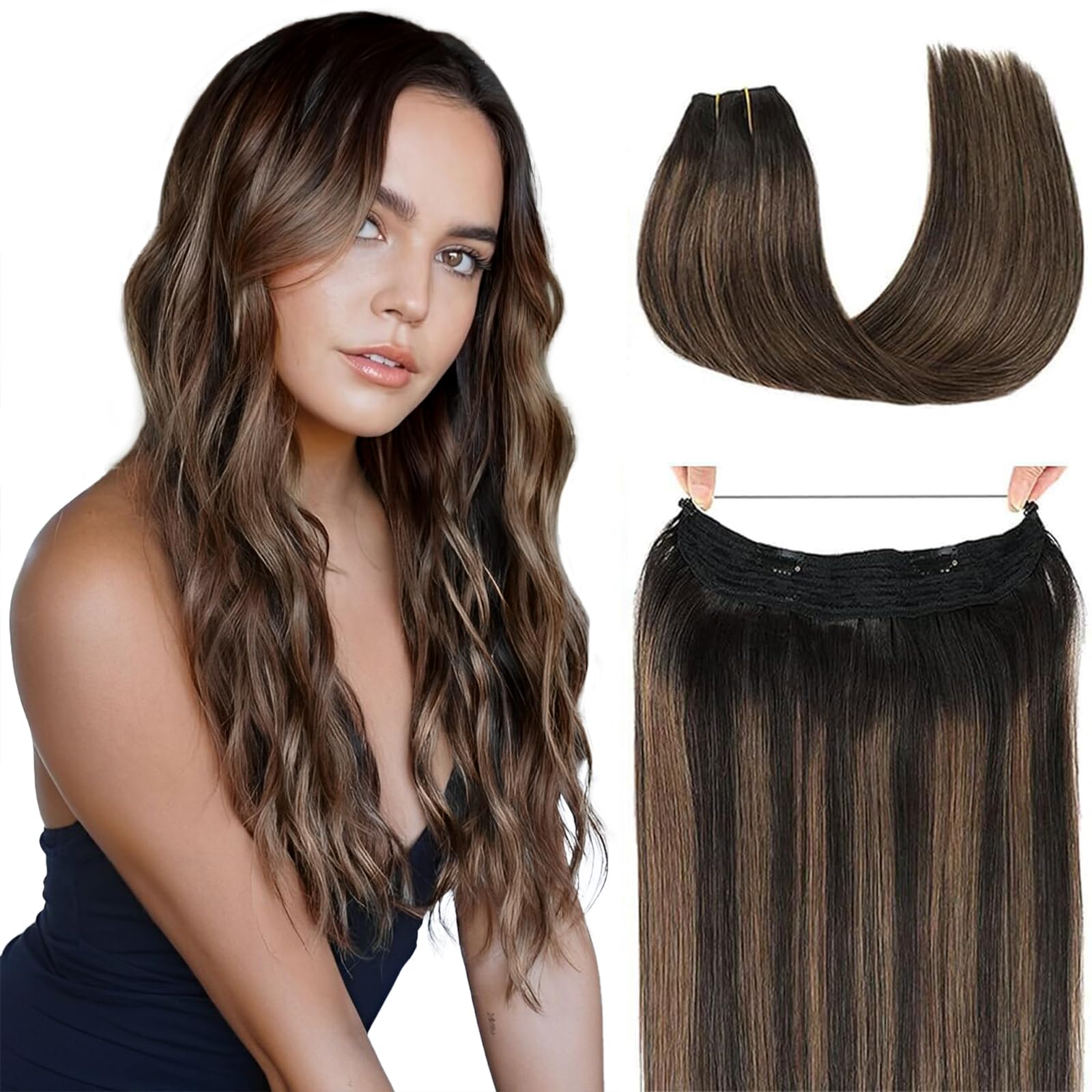 Star Show 100% Real Human Hair Extensions - Natural Black & Chestnut Brown Straight Hair - Invisible Wire Fish Line - 16 Inch Clip-in Hair Extensions for Women - Perfect for Daily Wear, Parties & Special Occasions