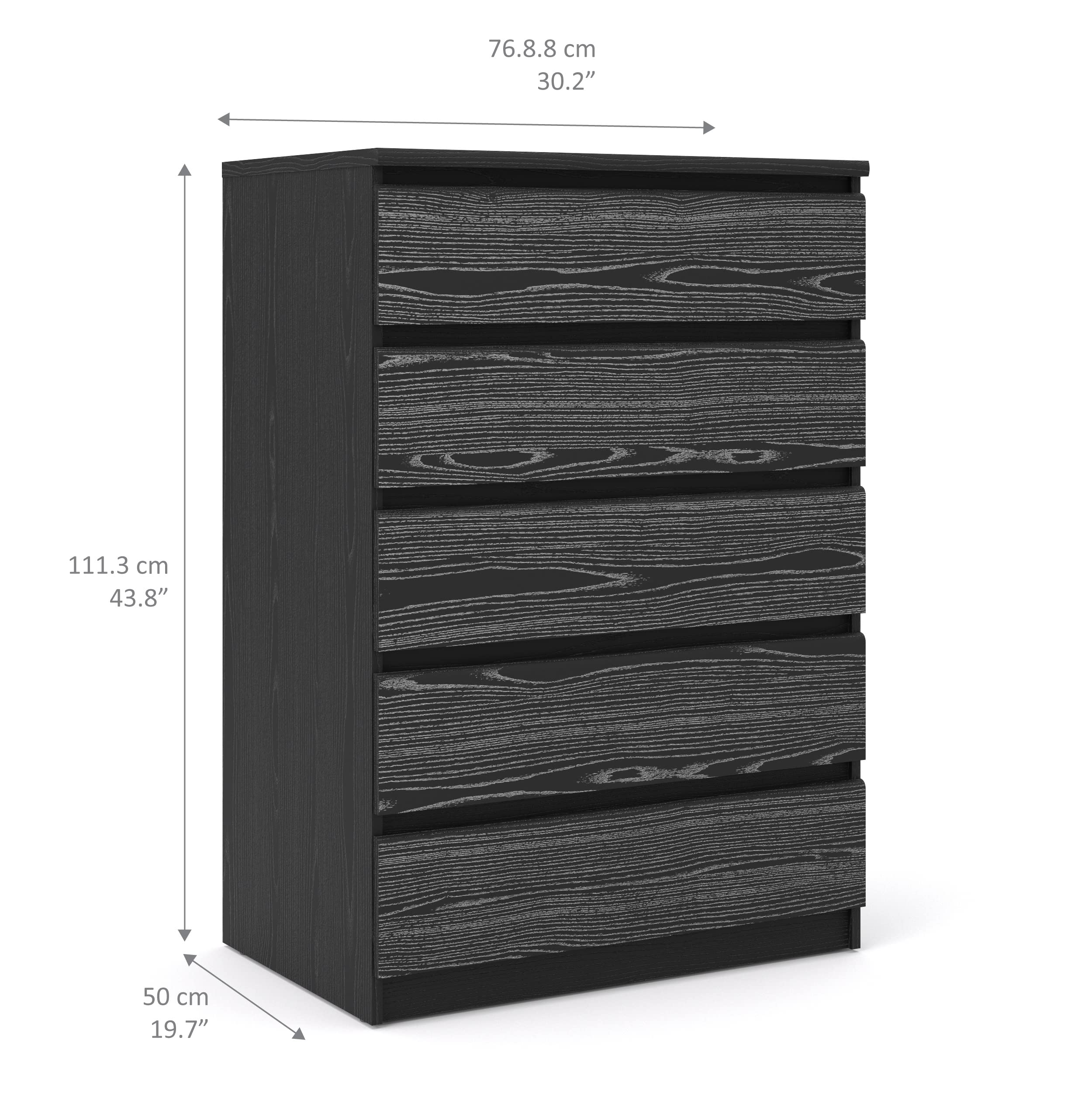 Tvilum Scottsdale 5-Drawer Chest Dresser - Black Wood Grain Finish - Modern Bedroom Storage Furniture for Home Organization
