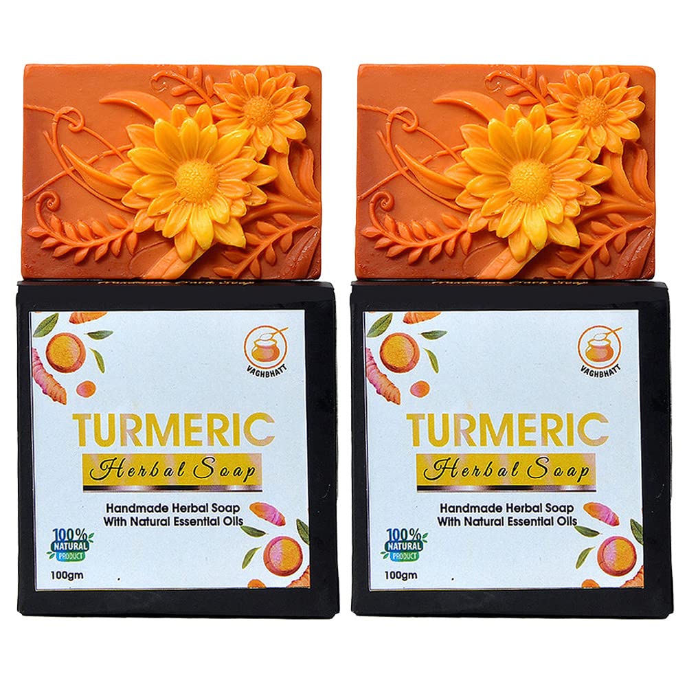 Vaghbhatt Handmade Turmeric Soap Bar - 100% Pure Herbal, Natural & Organic, 100g (Pack of 2) - Gentle Cleansing for Sensitive Skin, Acne Treatment & Skin Brightening - Perfect for Daily Face & Body Wash, Spa Treatment & Ayurvedic Skincare Routine