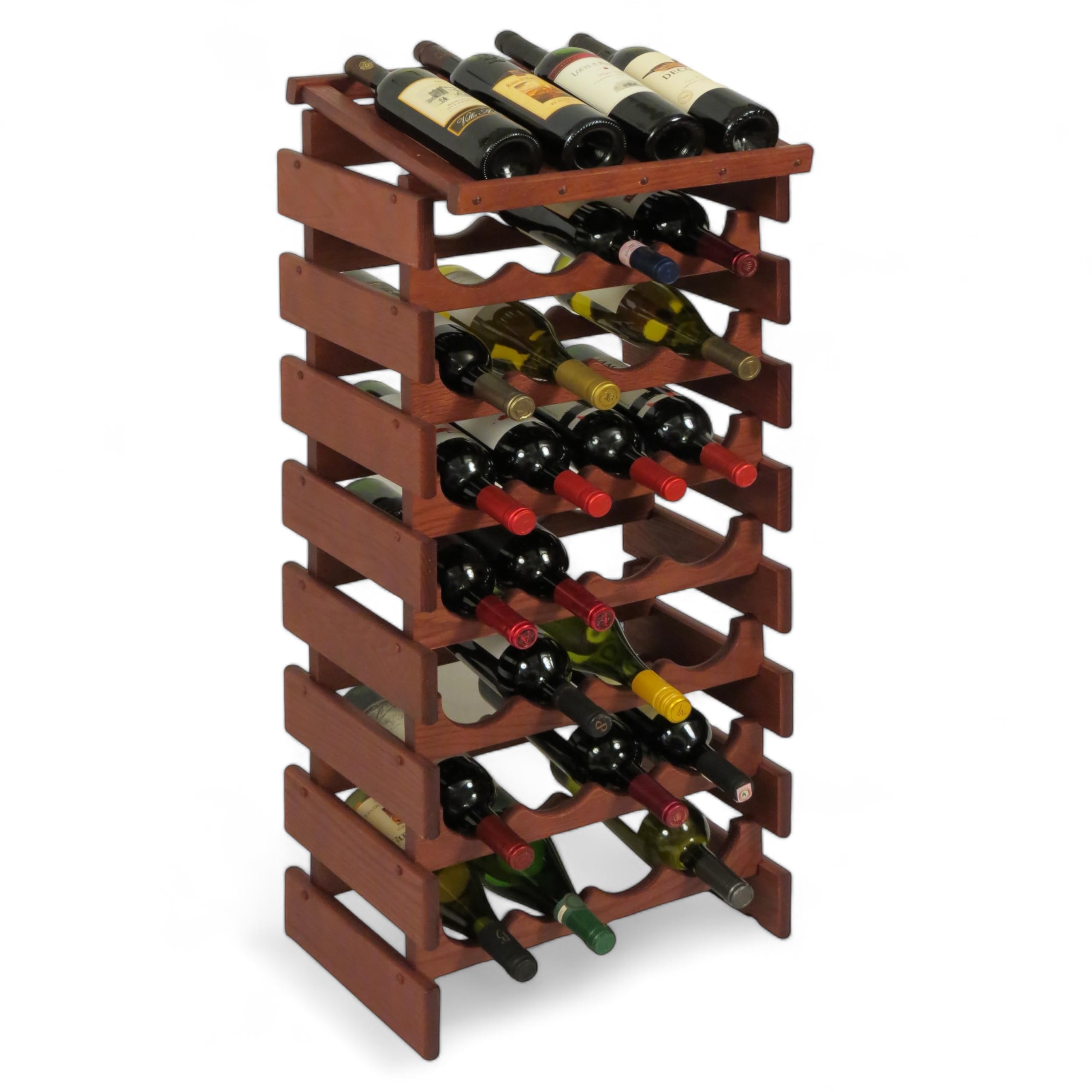 Premium 32-Bottle Wooden Wine Rack - Solid Mahogany Dakota Display Top Wine Storage with Wooden Mallet | Perfect for Home Bars, Wine Cellars & Dining Room Decor