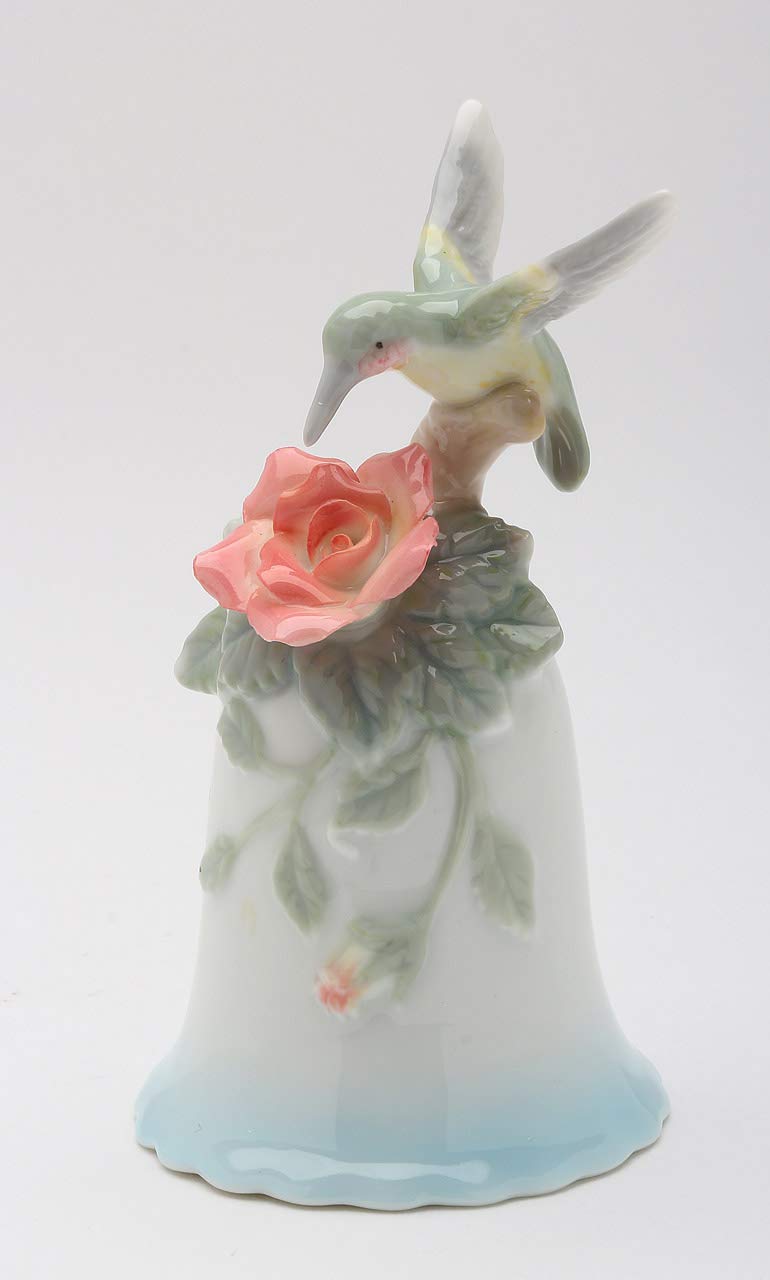 Exquisite Porcelain Hummingbird Figurine with Pink Rose Flower Bell - 4 Inch Handcrafted Home Decor, Gift for Mother's Day, Wedding, Anniversary & Spring Table Centerpiece