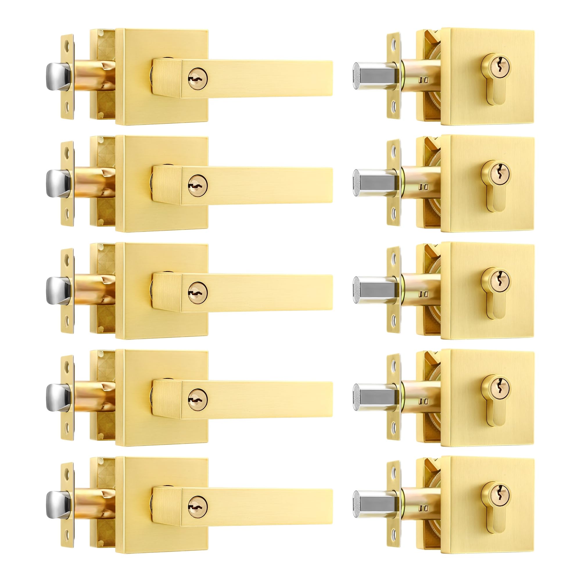 Leydebong 5-Pack Heavy Duty Front Door Handle and Deadbolt Set - Gold Lever Door Handle with Single Cylinder Deadbolt Lockset (Keyed Alike) - Perfect for Office, Home Entrance & Commercial Doors