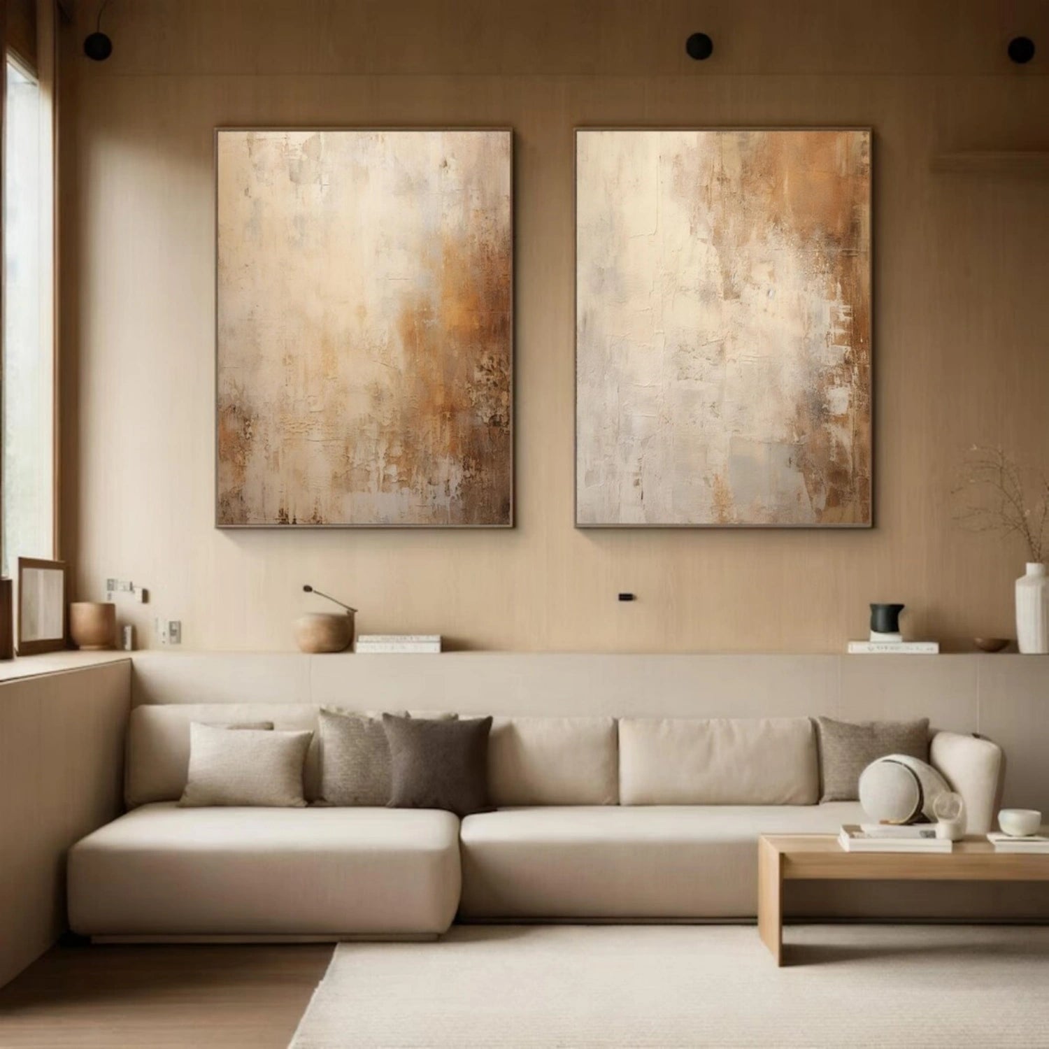Abstract Beige & Brown Wall Art Set of 2 - Modern Canvas Paintings for Living Room, Bedroom & Office Decor #BB163