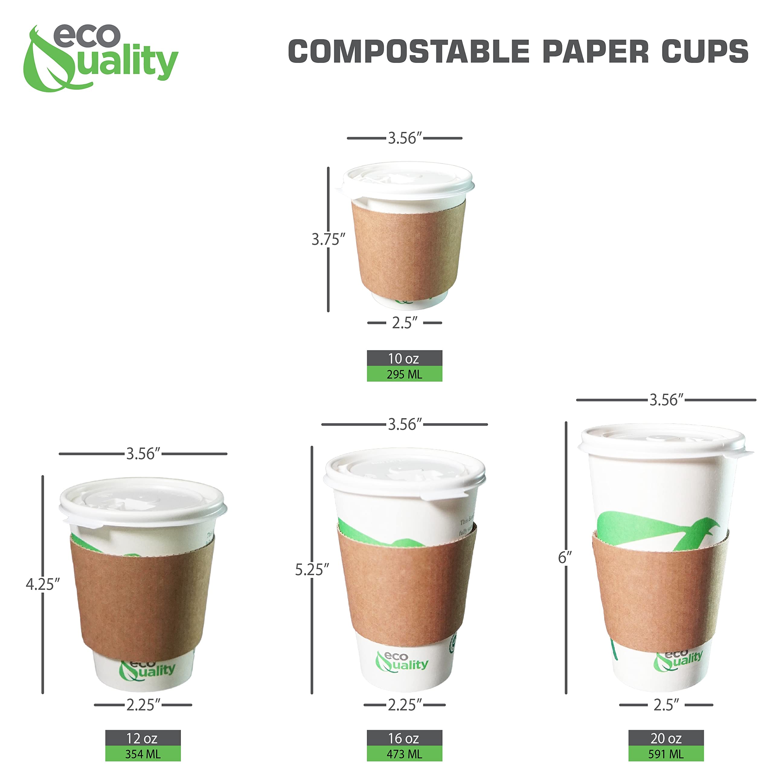 12 oz Biodegradable Compostable Paper Coffee Cups with White Flat Lids, Sleeves & Wooden Stirrers - PLA Lined Eco-Friendly Disposable Cups for Hot & Cold Beverages (300 Pack) - Perfect for Coffee Shops, Offices, Parties & Sustainable Events