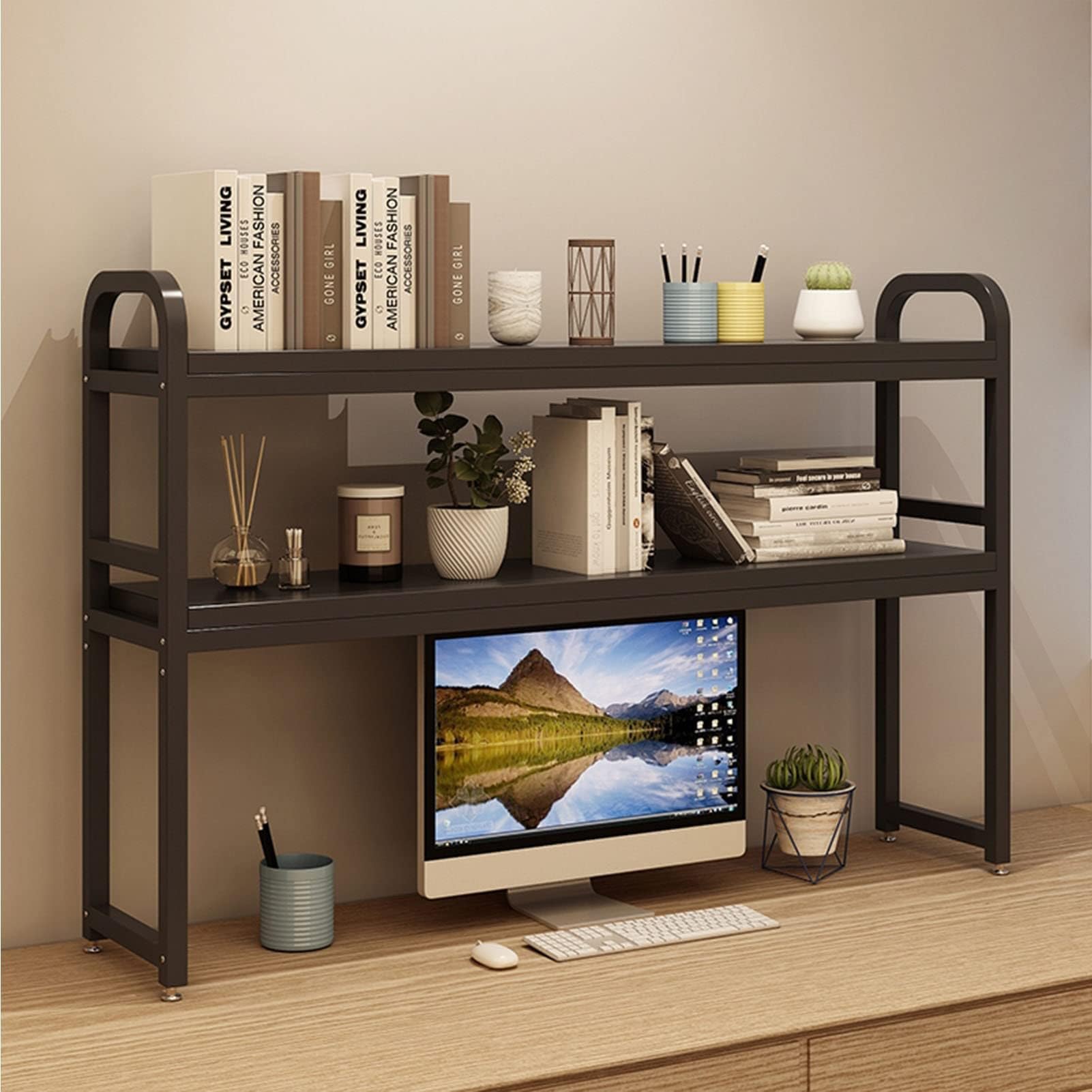 2 Tier Wrought Iron Desktop Storage Rack - Adjustable Office Desk Organizer for Books, Supplies & Home Decor | Perfect for Office, Study & Living Room Organization (Choose Color)