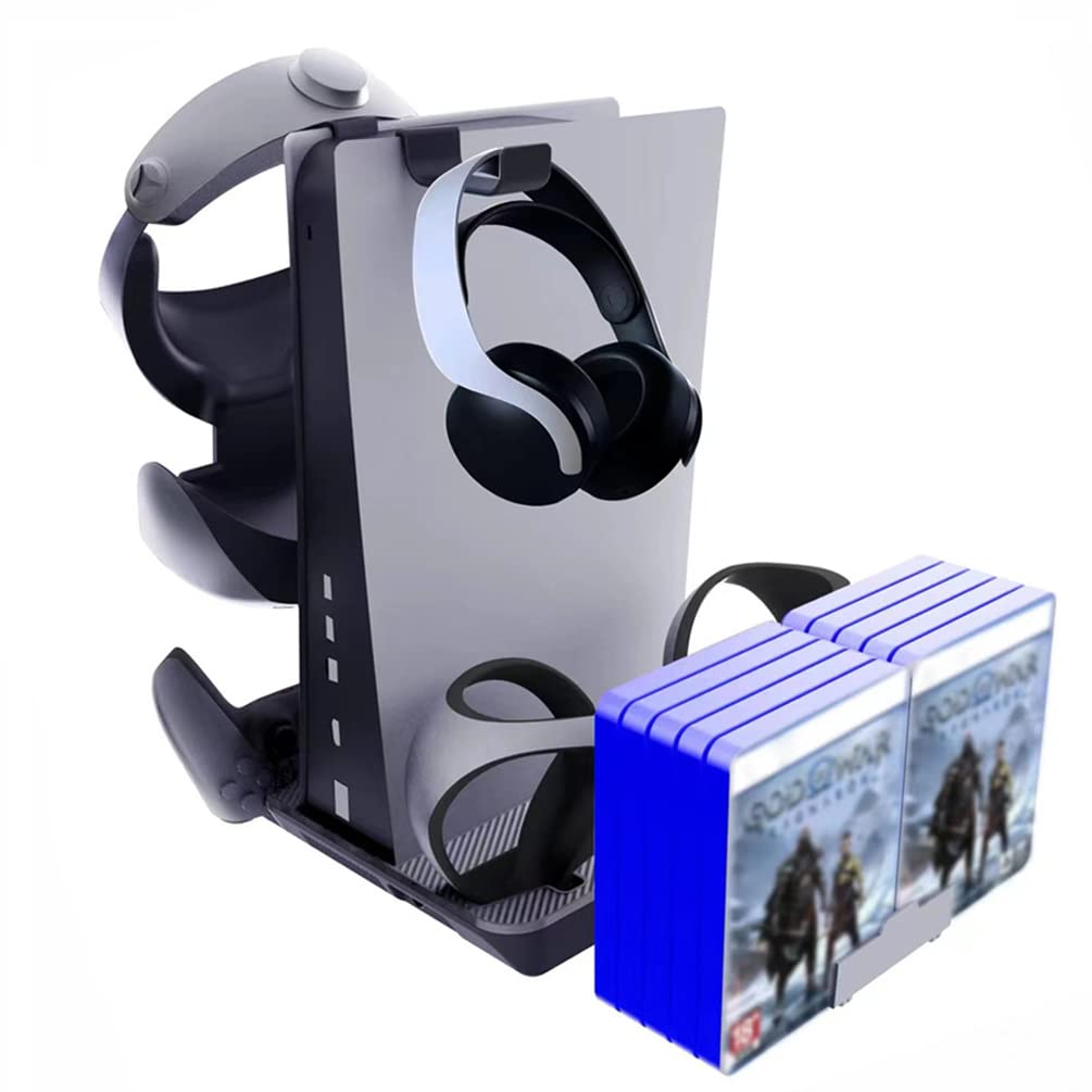 PS5 Cooling Stand with Dual Controller Charger & VR2 Headset Storage - Compatible with PS5/PS VR2 Accessories - Perfect for Gaming Sessions & VR Entertainment Setup