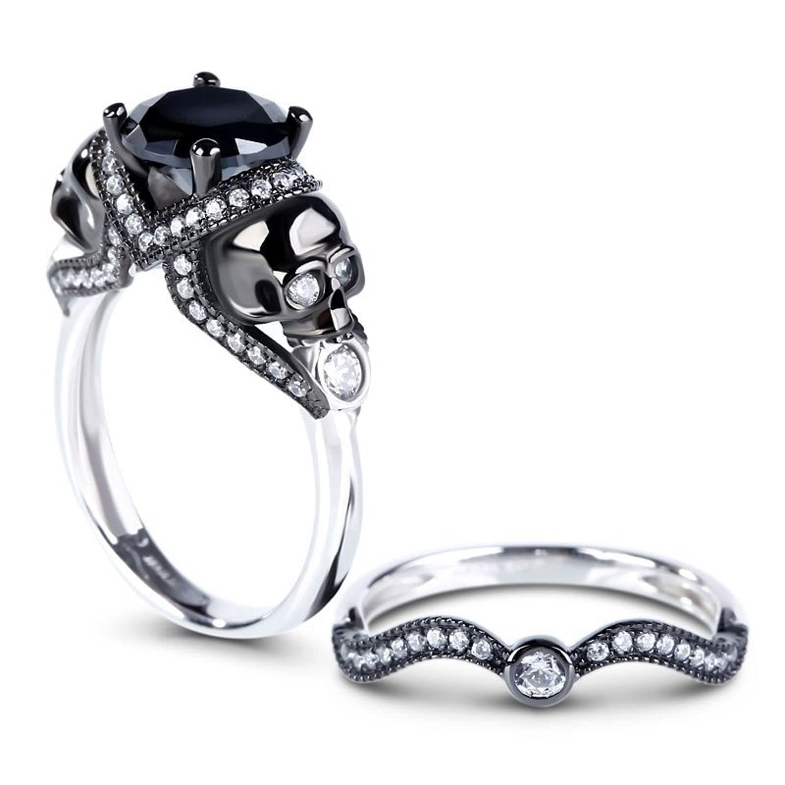 Jeulia 4.97 Carat Twist Skull Ring for Women - Sterling Silver Two-Tone Round Cut White Diamond Bridal Set, Black Plated Engagement Promise Ring with Gift Box | Gothic Jewelry, Wedding Band, Anniversary Gift, Unique Statement Piece