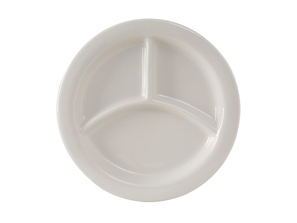 Tuxton China BEA-0903 9-Inch Round 3-Compartment Ceramic Plate - Microwave, Dishwasher & Oven Safe Vitrified Dinnerware - Pack of 12 for Healthcare, Hospitals & Restaurants - Perfect for Meal Serving, Food Portioning & Cafeteria Use