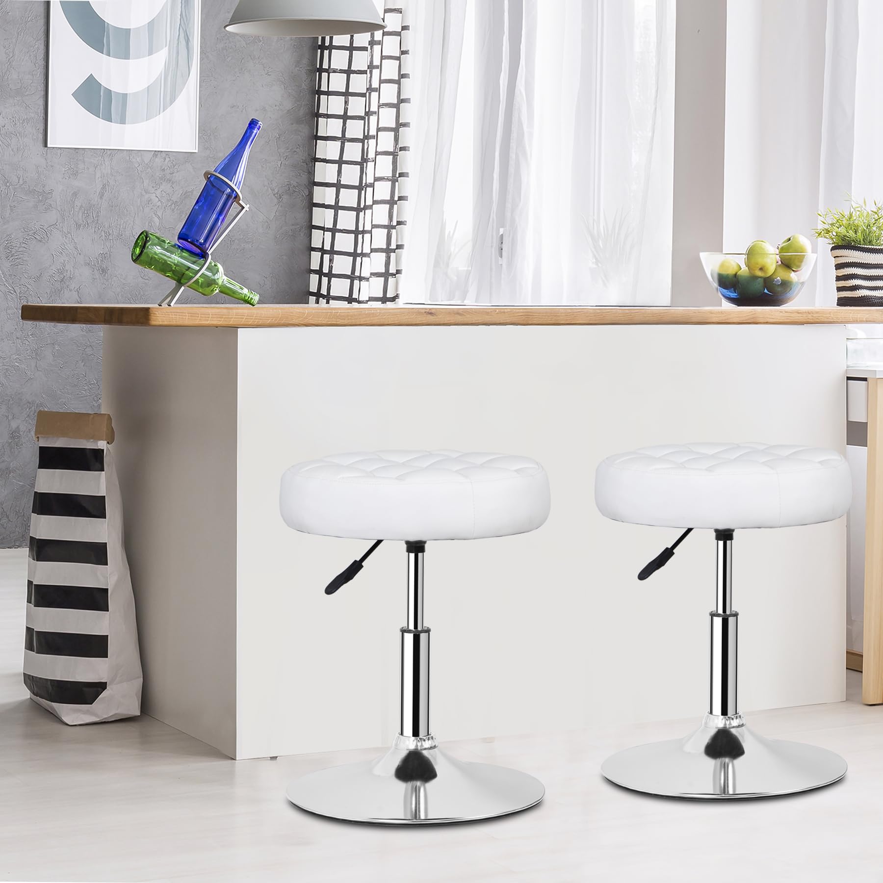 Adjustable Vanity Stool with 360° Swivel - White Makeup Chair for Bedroom & Living Room