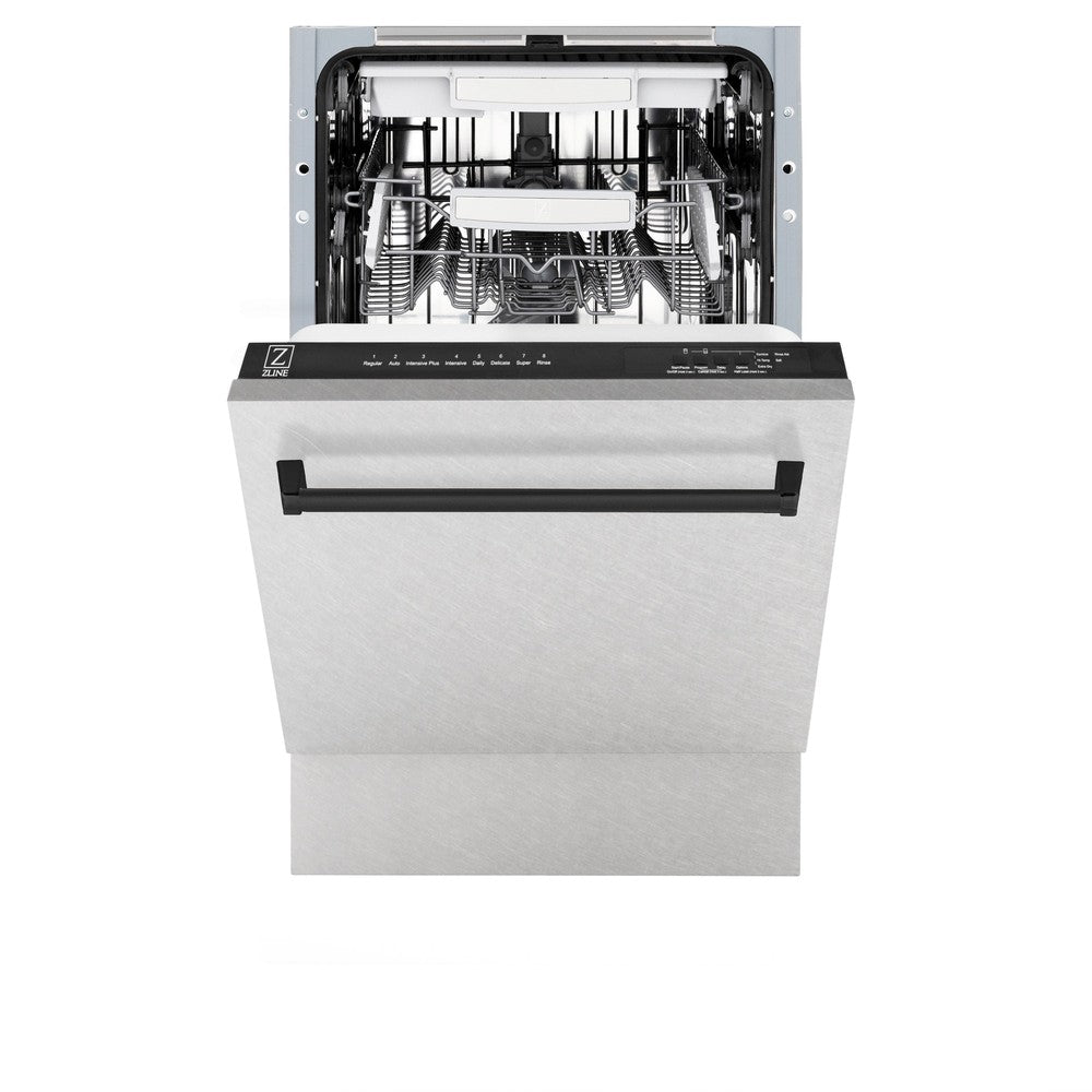 ZLINE Autograph Edition 18-inch Built-In Dishwasher - Tallac Series with 3rd Rack, Top Control Panel, Satin Stainless Steel Finish & Matte Black Handle - Ultra Quiet 51dBa - Perfect for Modern Kitchens, Small Spaces, and Open-Concept Homes (DWVZ SN 18 MB)