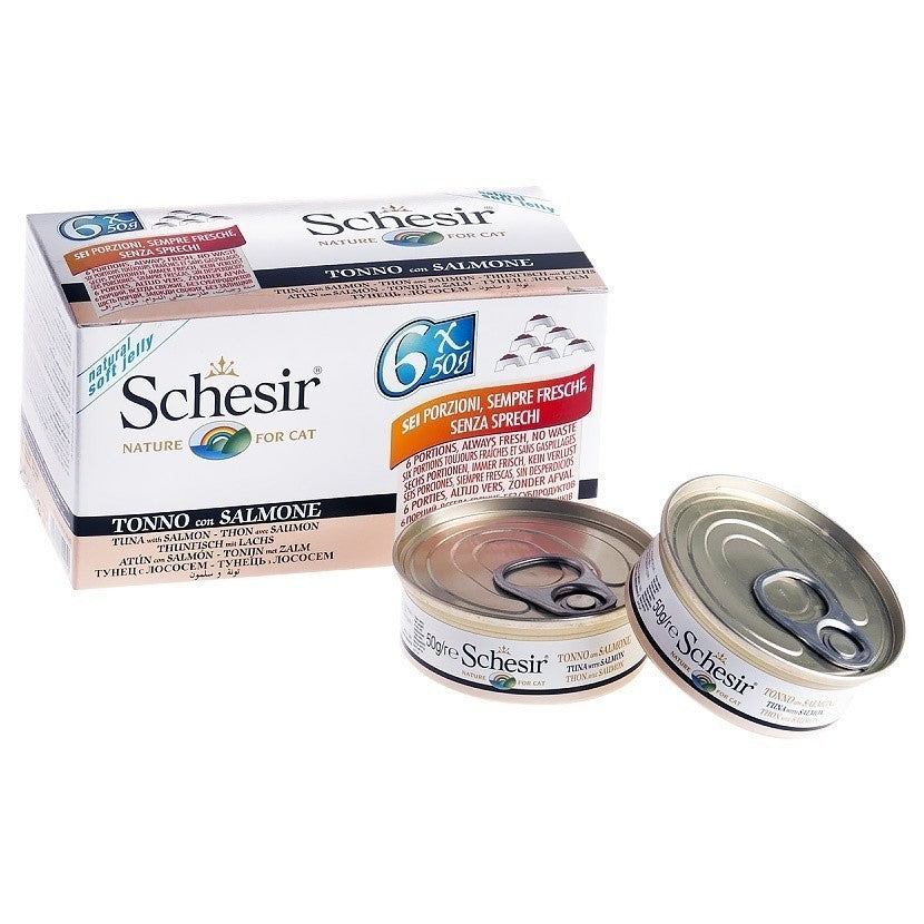 Premium Schesir Cat Wet Food Multipack (6x50g) - Tuna, Beef, Chicken & Seabass Flavors - Grain-Free, High Protein, Natural Ingredients for Adult & Senior Cats - Perfect for Mealtime, Travel & Treats
