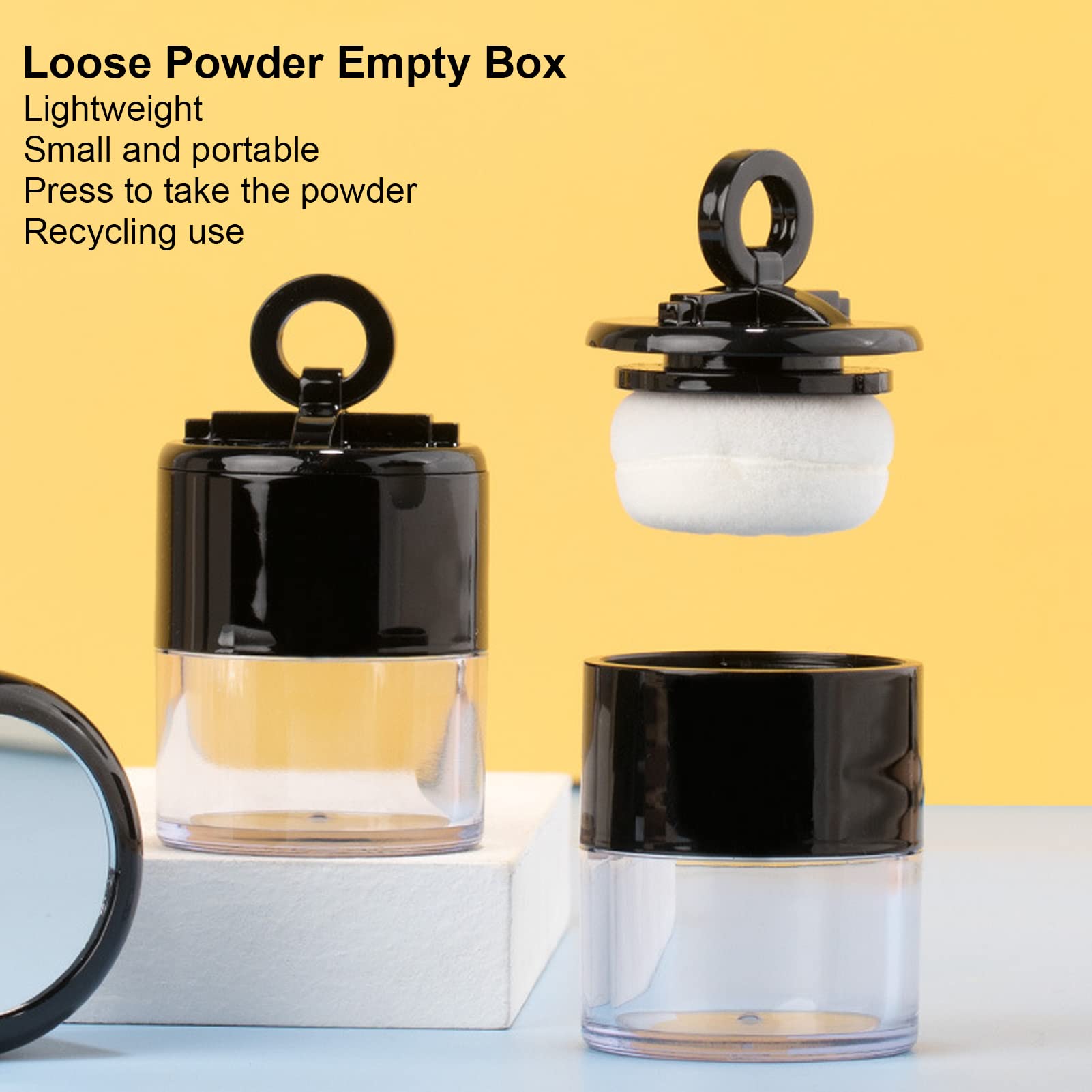 10g/0.34oz Black Refillable Empty Powder Case with Puff & Sifter - Mini Loose Powder Container for Makeup, Blush, Finishing Powder | DIY Cosmetic Storage & Travel-Friendly Compact