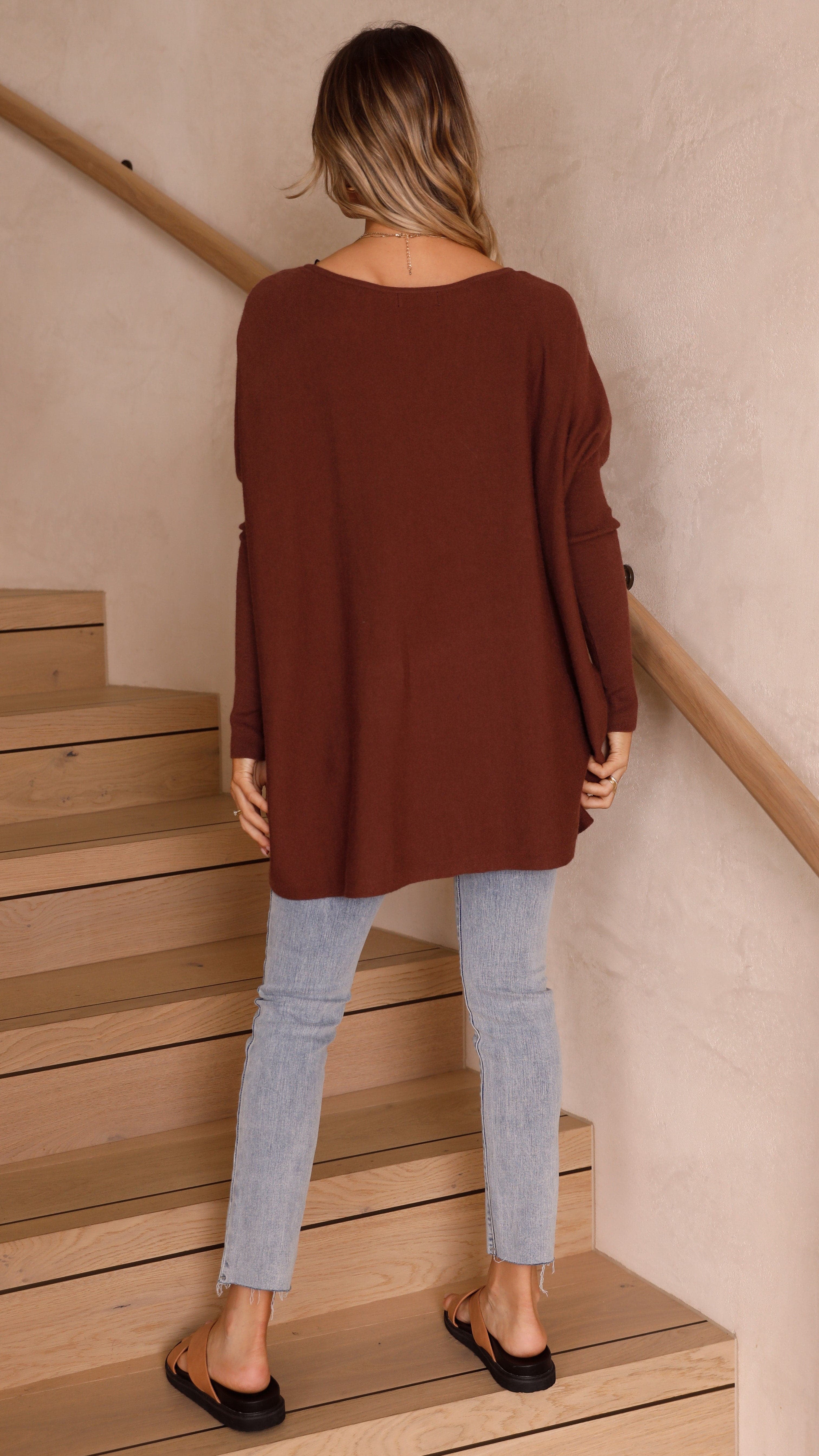 Amalia Knit Top Women's Casual Long Sleeve Sweater Chocolate Brown - Perfect for Fall Layering & Office Wear
