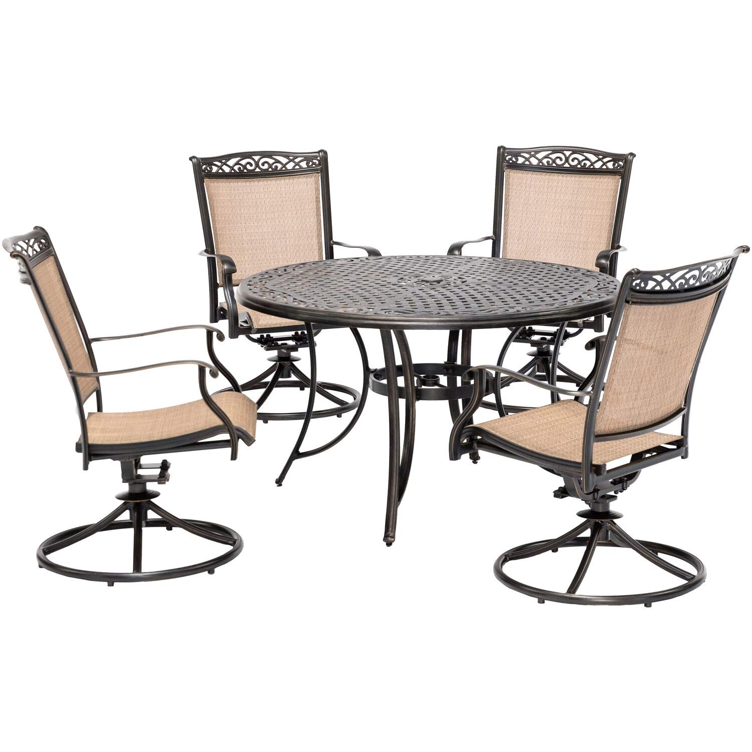 Hanover Fontana 5-Piece Outdoor Patio Dining Set with PVC Tan Sling Swivel Rocker Chairs & 48