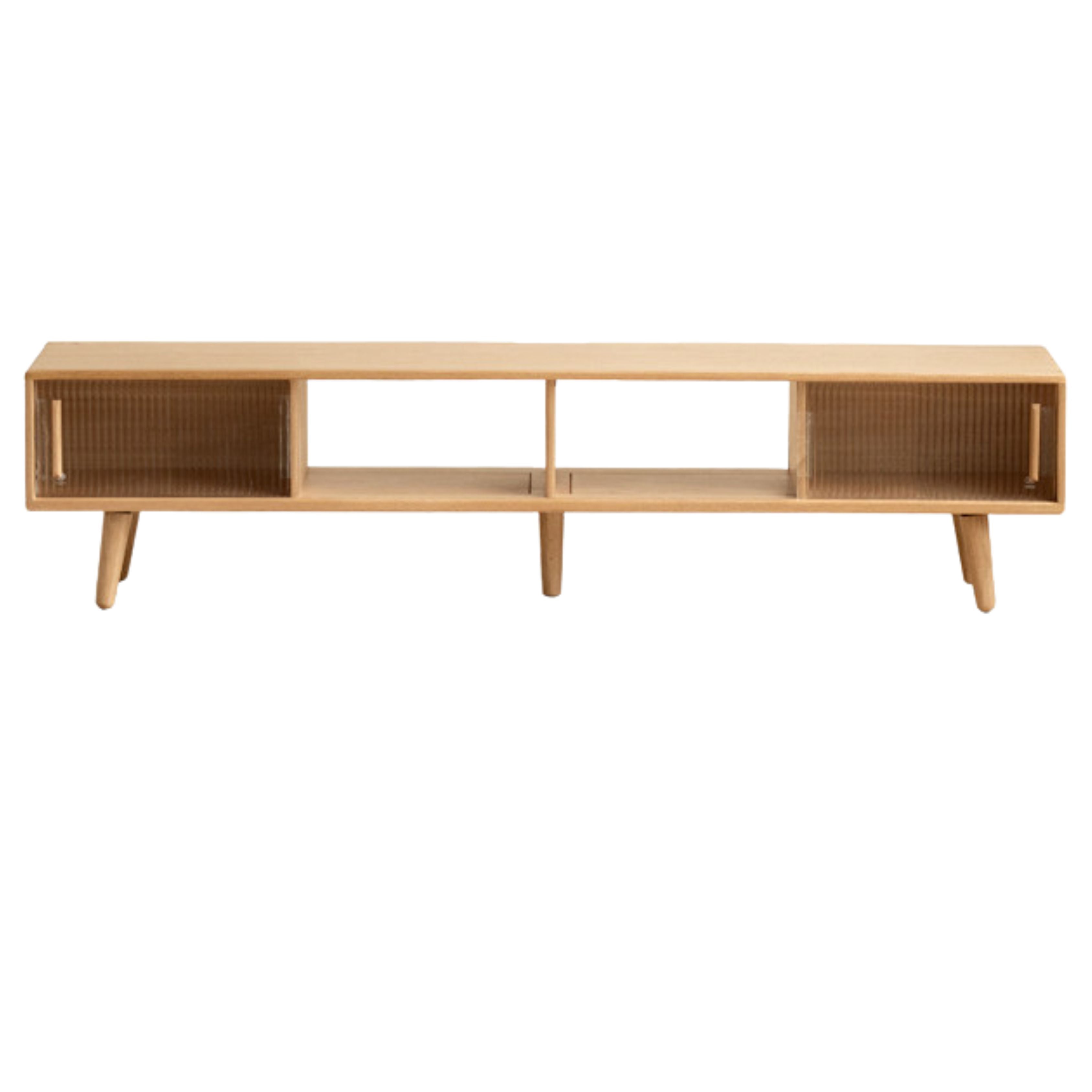 Solid Oak Wood TV Stand with Glass Sliding Doors - Rustic Rubber Wood Entertainment Center for Living Room, Bedroom & Home Theater