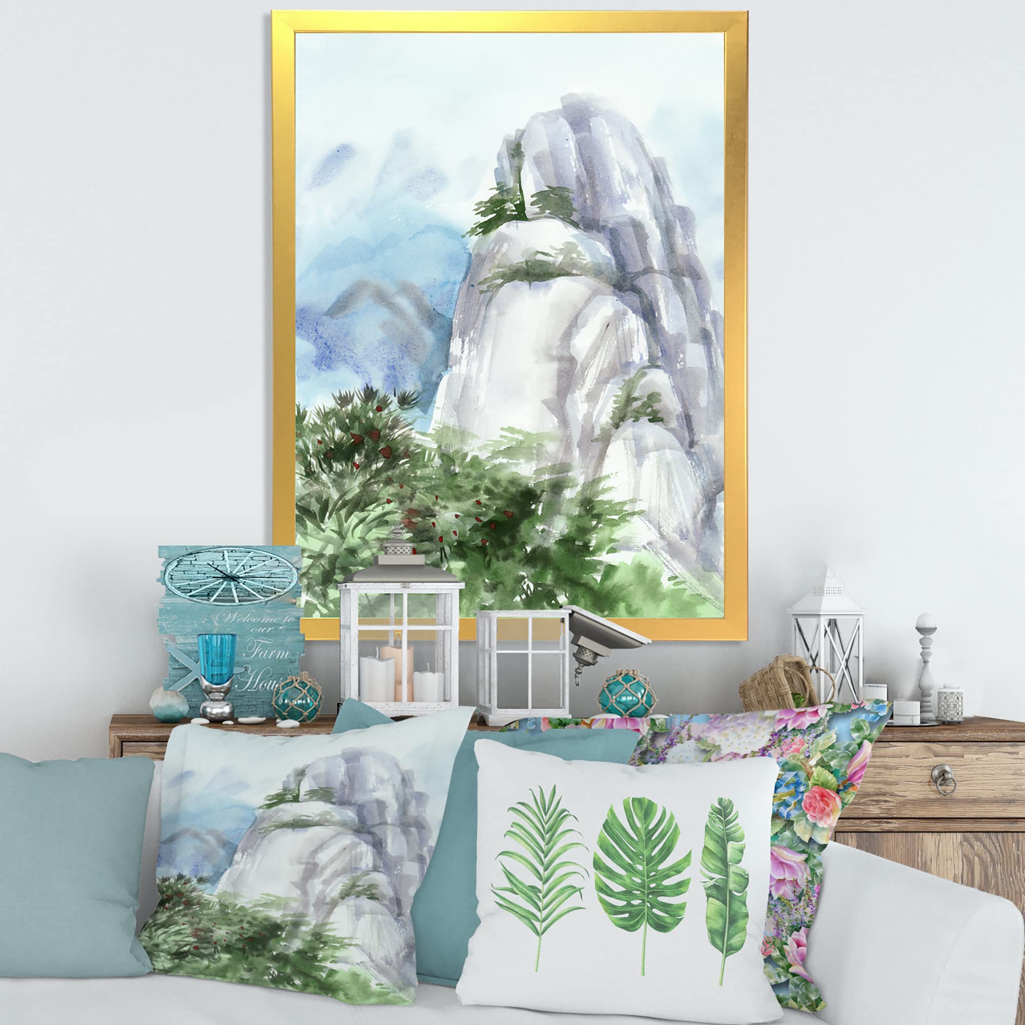 DesignQ Traditional Framed Wall Art - Mountain Top in The Clouds Landscape Painting - Perfect for Living Room, Bedroom & Office Decor