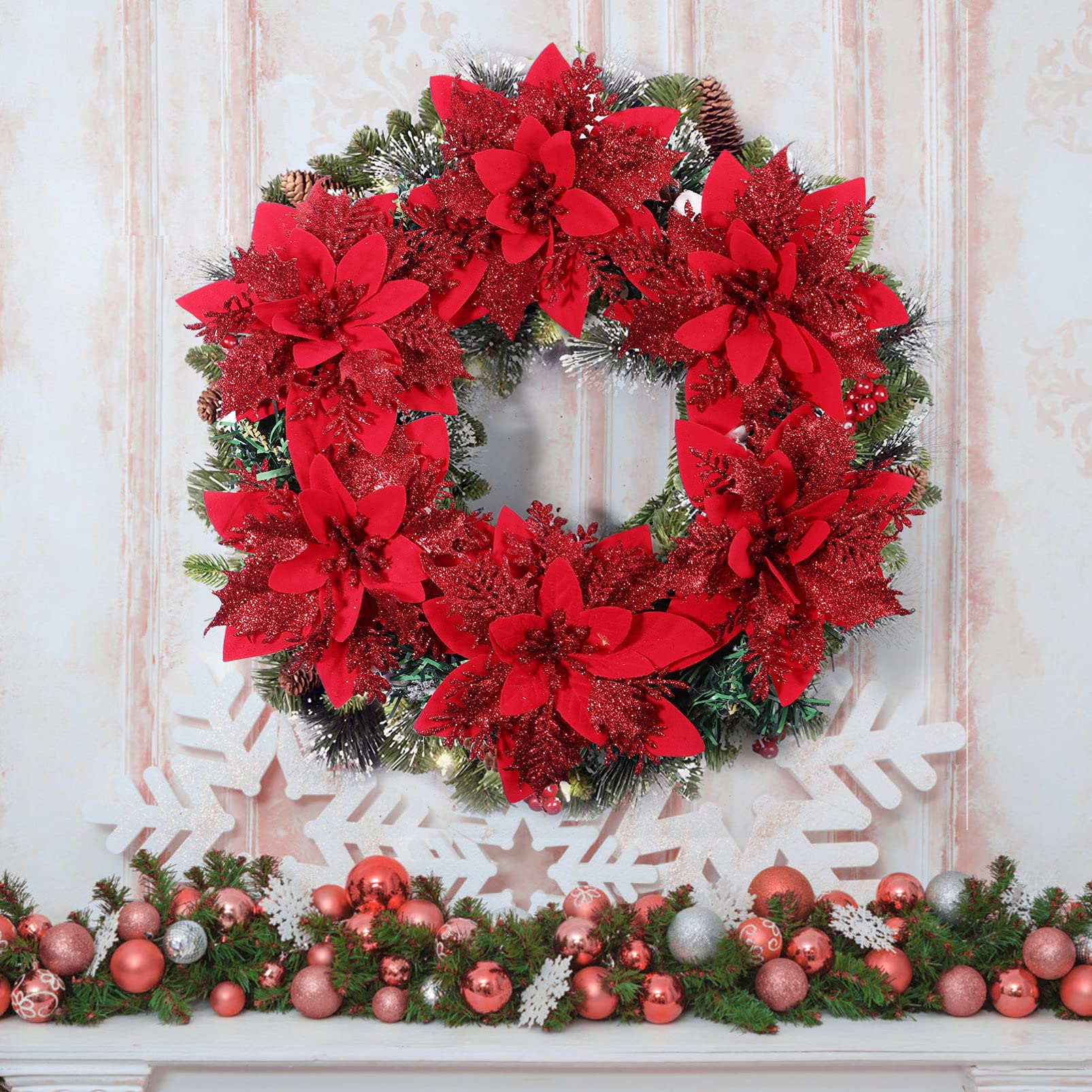 NUOBESTY 12-Piece Red Glitter Poinsettia Flowers Set - Artificial Christmas Tree Ornaments with Stems & Clips for Holiday Home Decor, Xmas Party & Festive Gift Wrapping