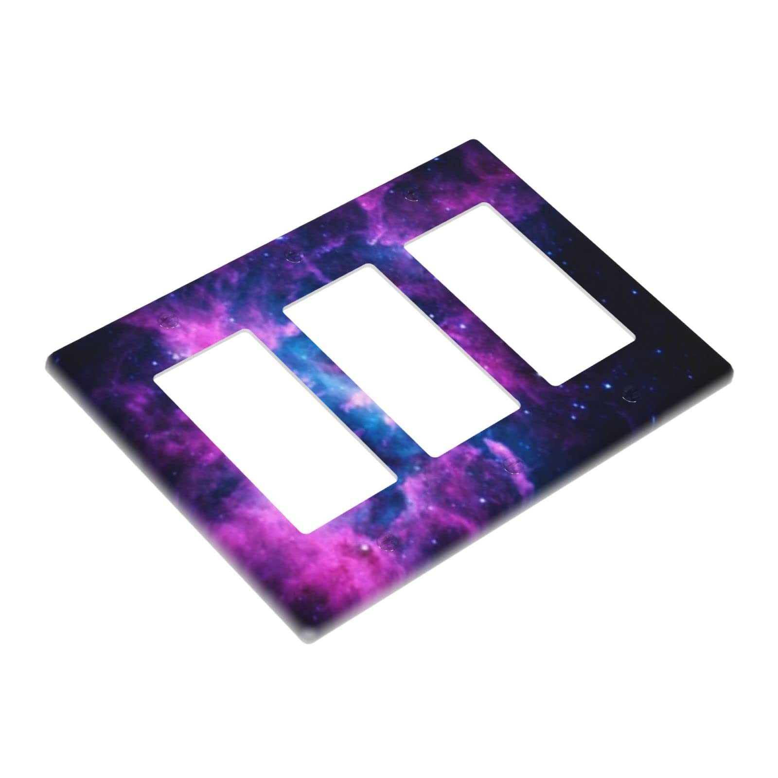 Purple Galaxy Triple Rocker Light Switch Cover - Decorative 3 Gang Wall Plate Outlet Receptacle for Girls Bedroom & Kids Room Decor - Durable Switch Plate for Home, Nursery, Playroom, and Dormitory Lighting