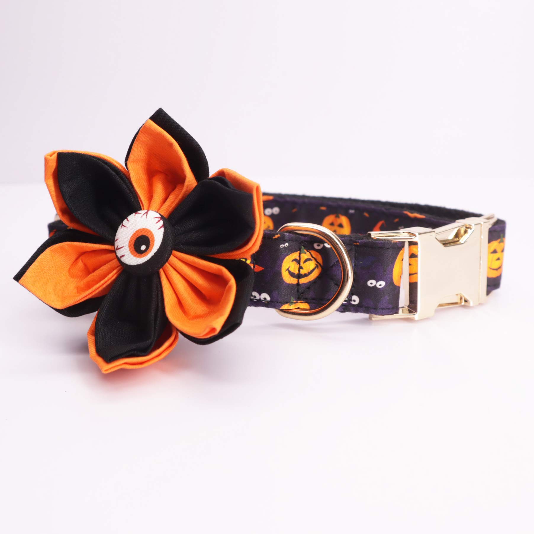 Halloween Dog Collar with Ghost & Flower Design - Orange Pet Collar for Small Medium Large Dogs - Perfect for Halloween Parties, Pet Costumes & Photo Shoots