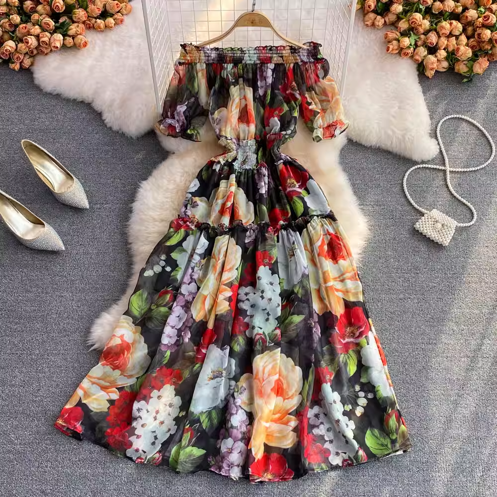 Off The Shoulder A-Line Printed Chiffon Dress for Women - Flowy Summer Party Cocktail Dress with Floral Pattern | Perfect for Beach Weddings, Date Nights & Special Occasions