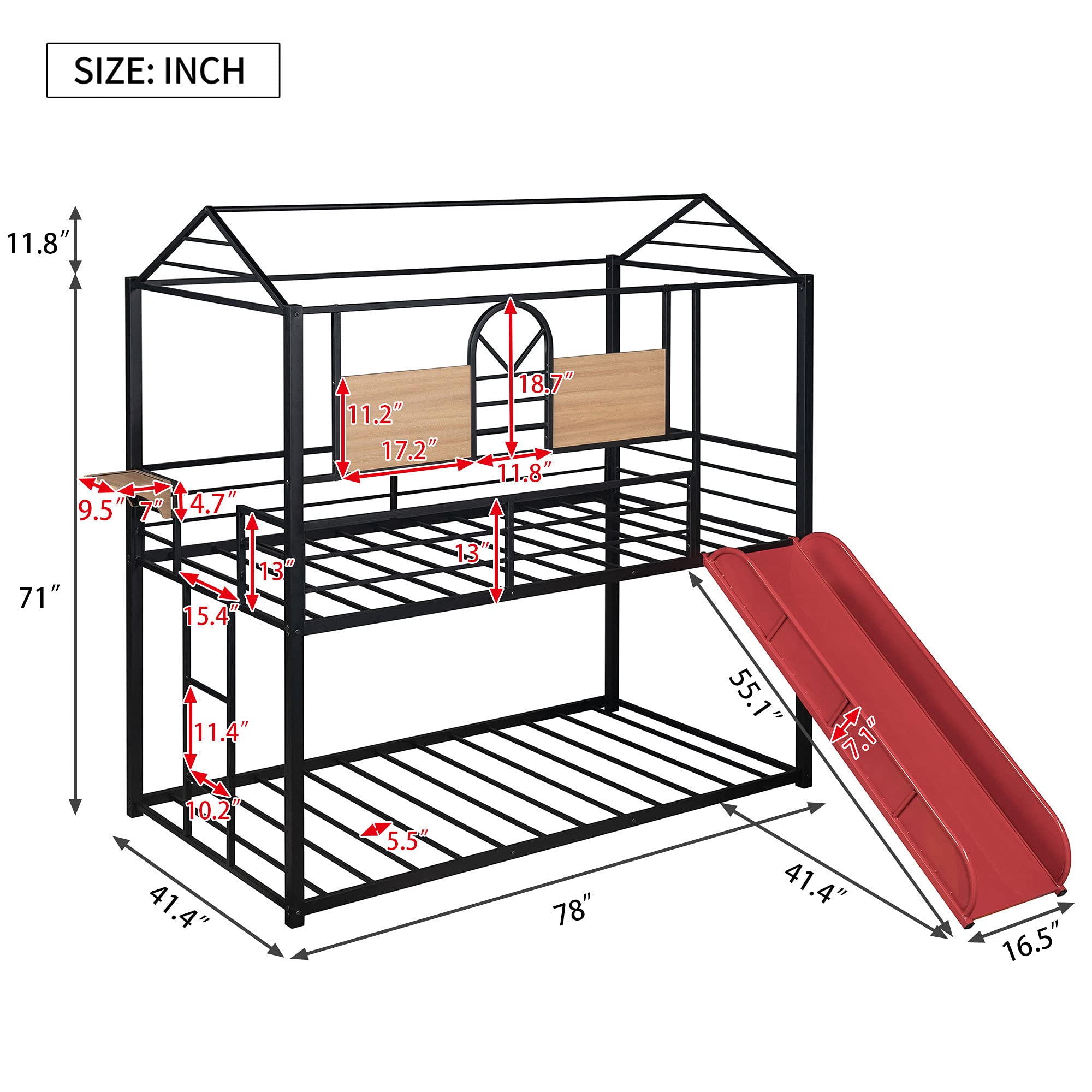 Twin Over Twin Metal Bunk Bed with Slide, Ladder & Side Shelf - Kids Club House Loft Bed in Black & Red - No Box Spring Needed - Perfect for Kids' Bedrooms, Playrooms & Sleepovers