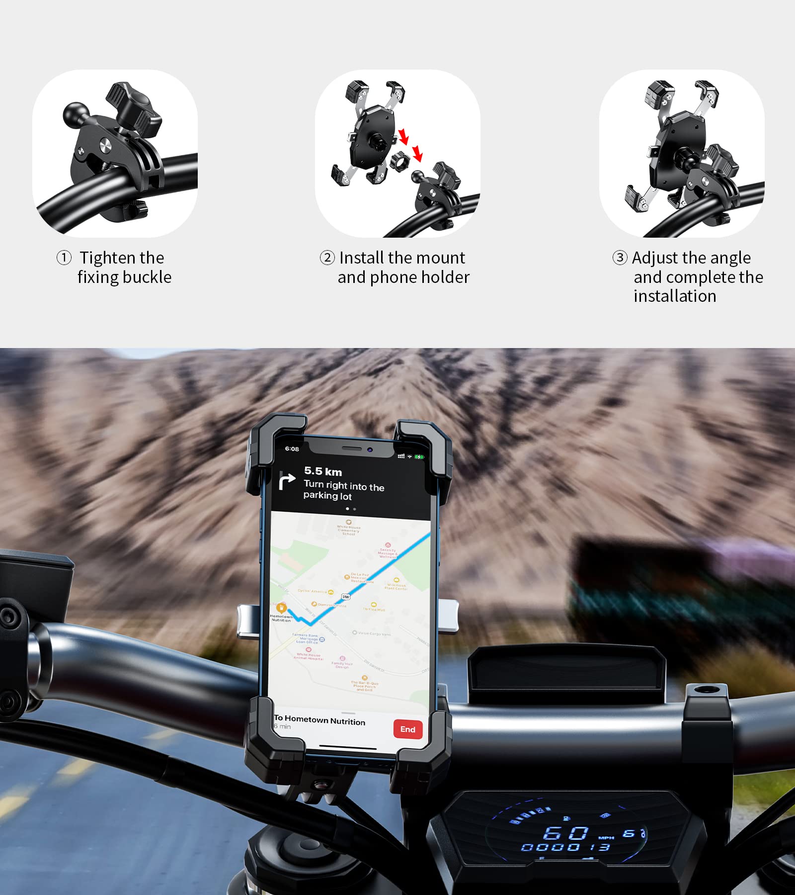 Premium Motorcycle Phone Mount - Quick Install Handlebar Clamp for iPhone 14/15 Plus/Pro Max, Galaxy S10-S23, 4.0-6.9