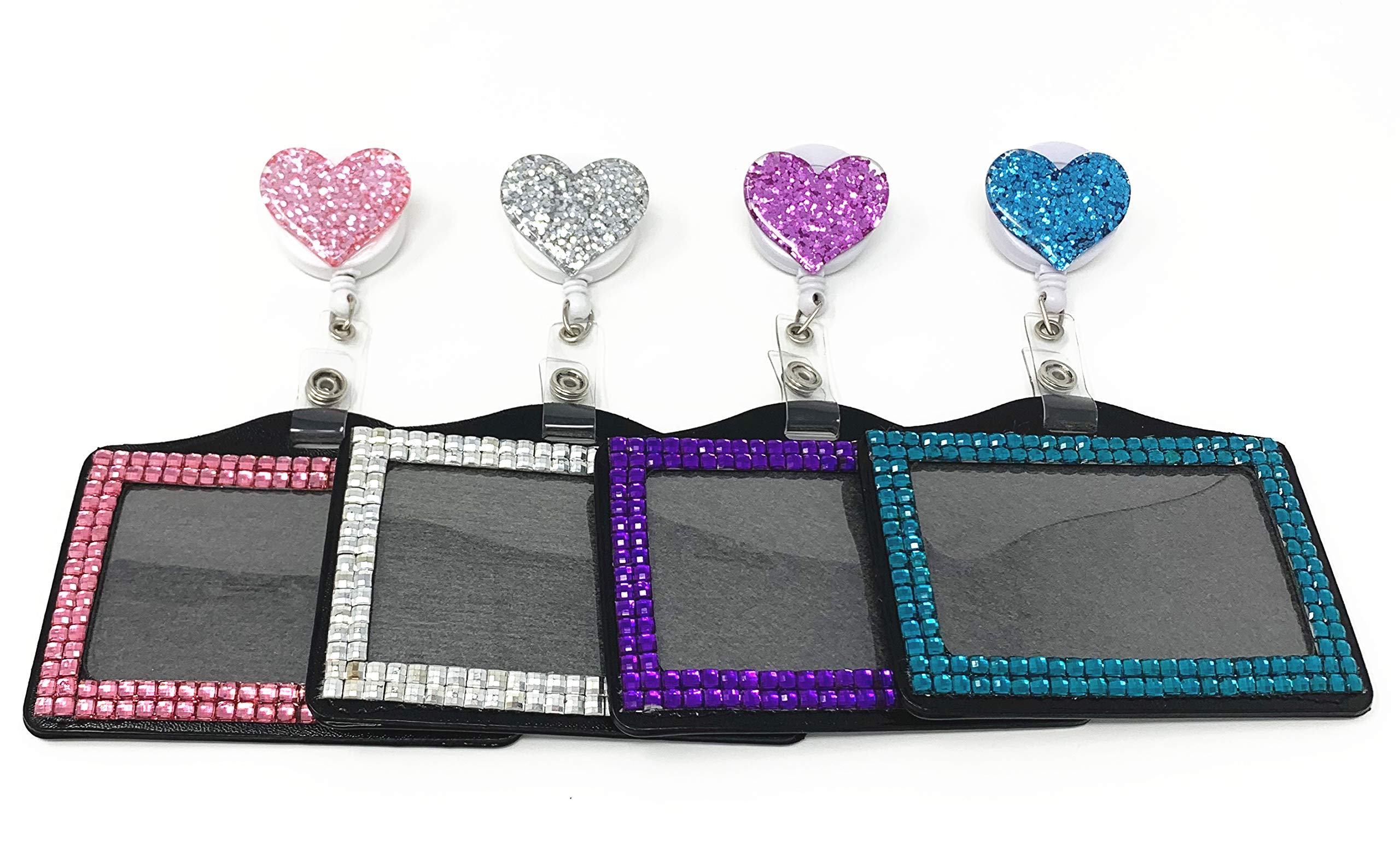 2-in-1 Heart Retractable Reel Swivel Clip & Bling ID Badge Holder - Horizontal Style in Aqua, Pink, Purple, Silver | Perfect for Nurses, Teachers, Office Professionals & Event Staff