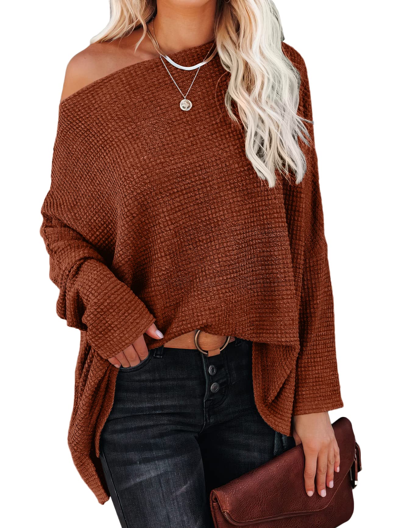 ANRABESS Women's Casual Loose Long Sleeve Batwing Pullover Sweater - Off Shoulder Waffle Knit Oversized Shirt for Fall Fashion & Cozy Outfits