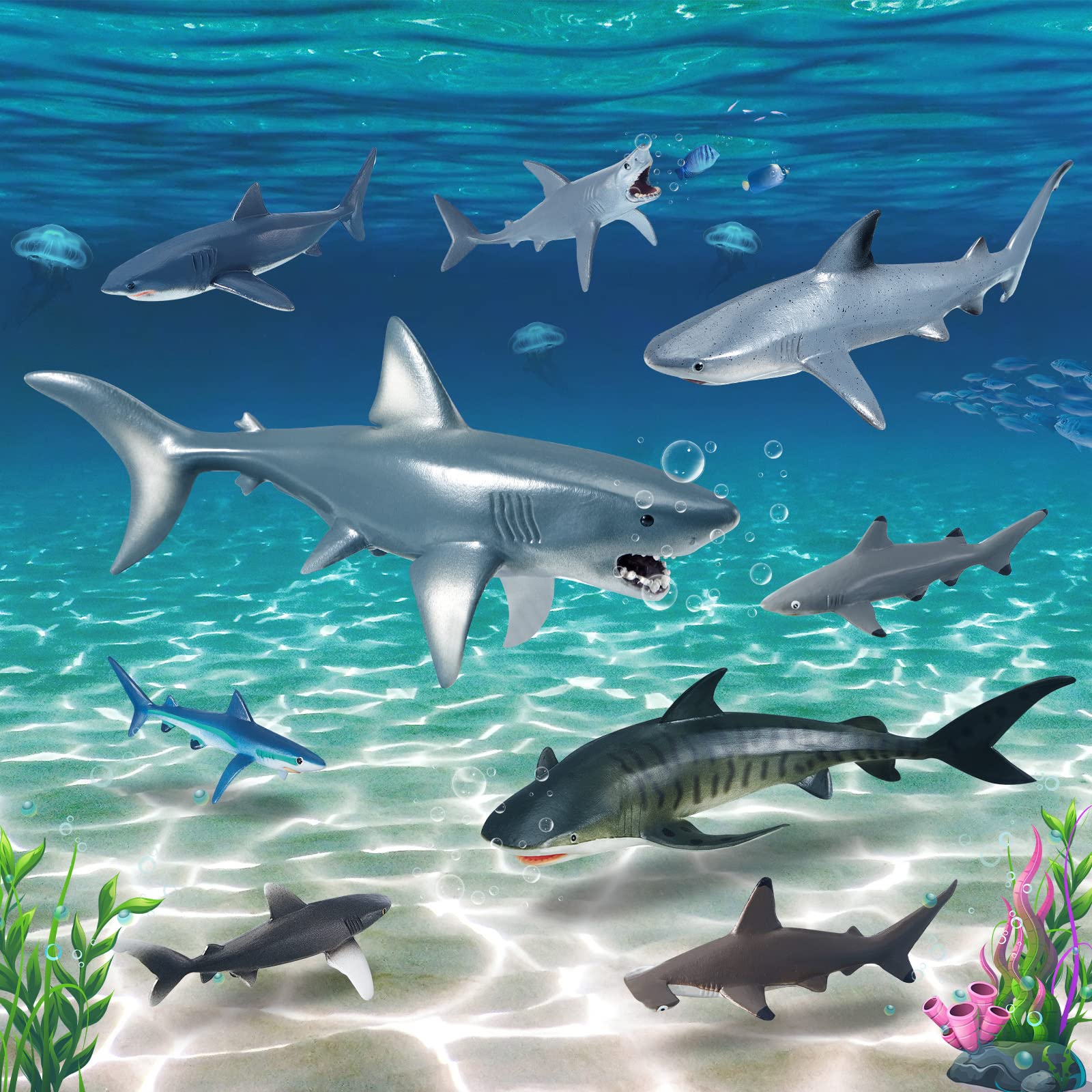 15 Pcs Realistic Shark Toys Assorted Ocean Animal Figurines - Plastic Marine Creature Bath Toys for Kids, Birthday Party Favors, Cake Toppers, and Educational Cognitive Play
