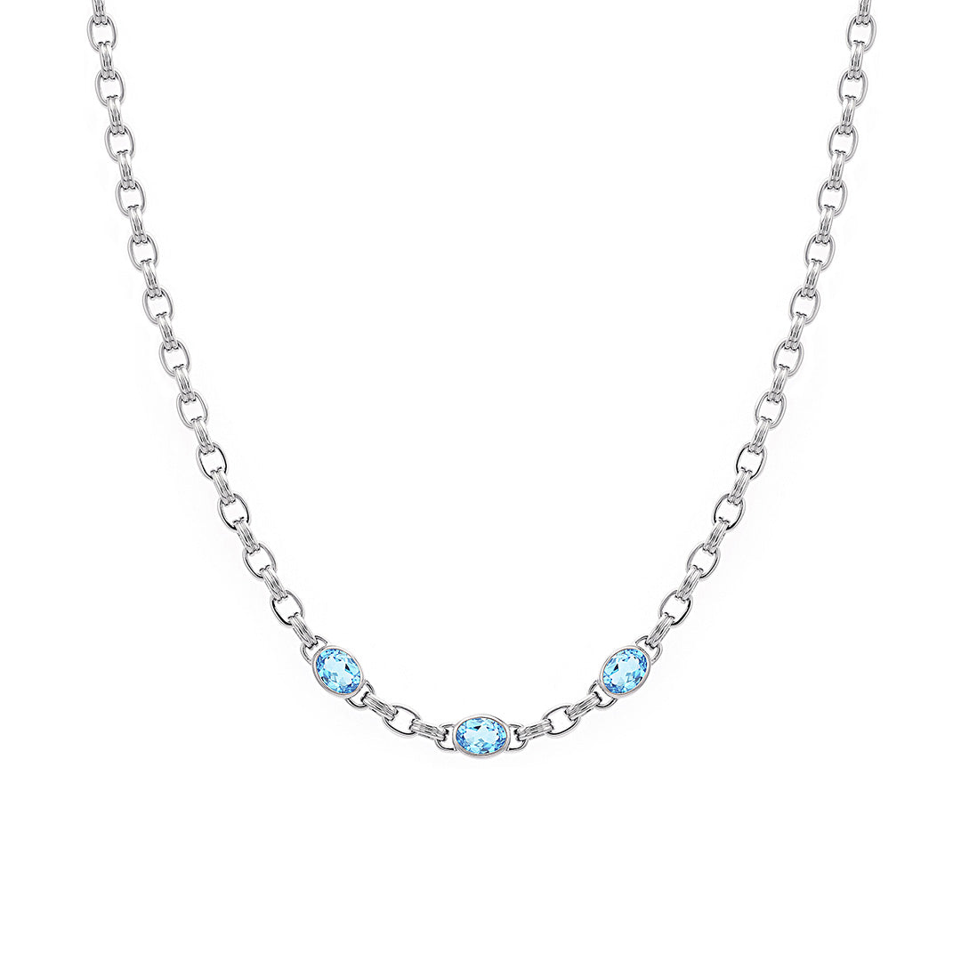 Exquisite Silver Link Necklace with Genuine Swiss Blue Topaz Gemstone | Elegant Jewelry Gift for Women | Perfect for Weddings, Anniversaries & Special Occasions