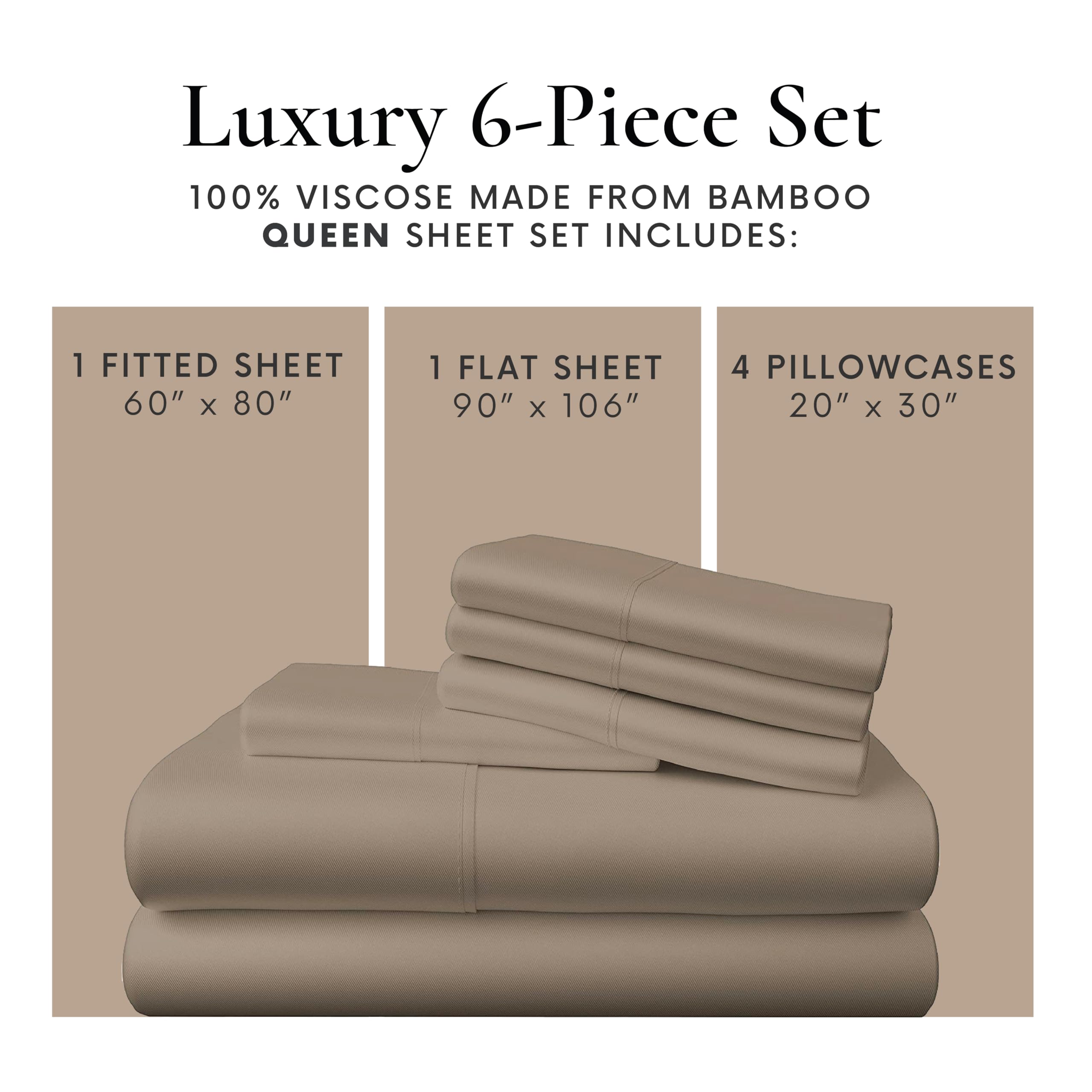 Bamboo Bay 6-Piece Queen Size Sheet Set - 100% Viscose Bamboo Bed Sheets, Breathable & Ultra Soft Cooling Bedding for Hot Sleepers, Deep Pocket Fits 16