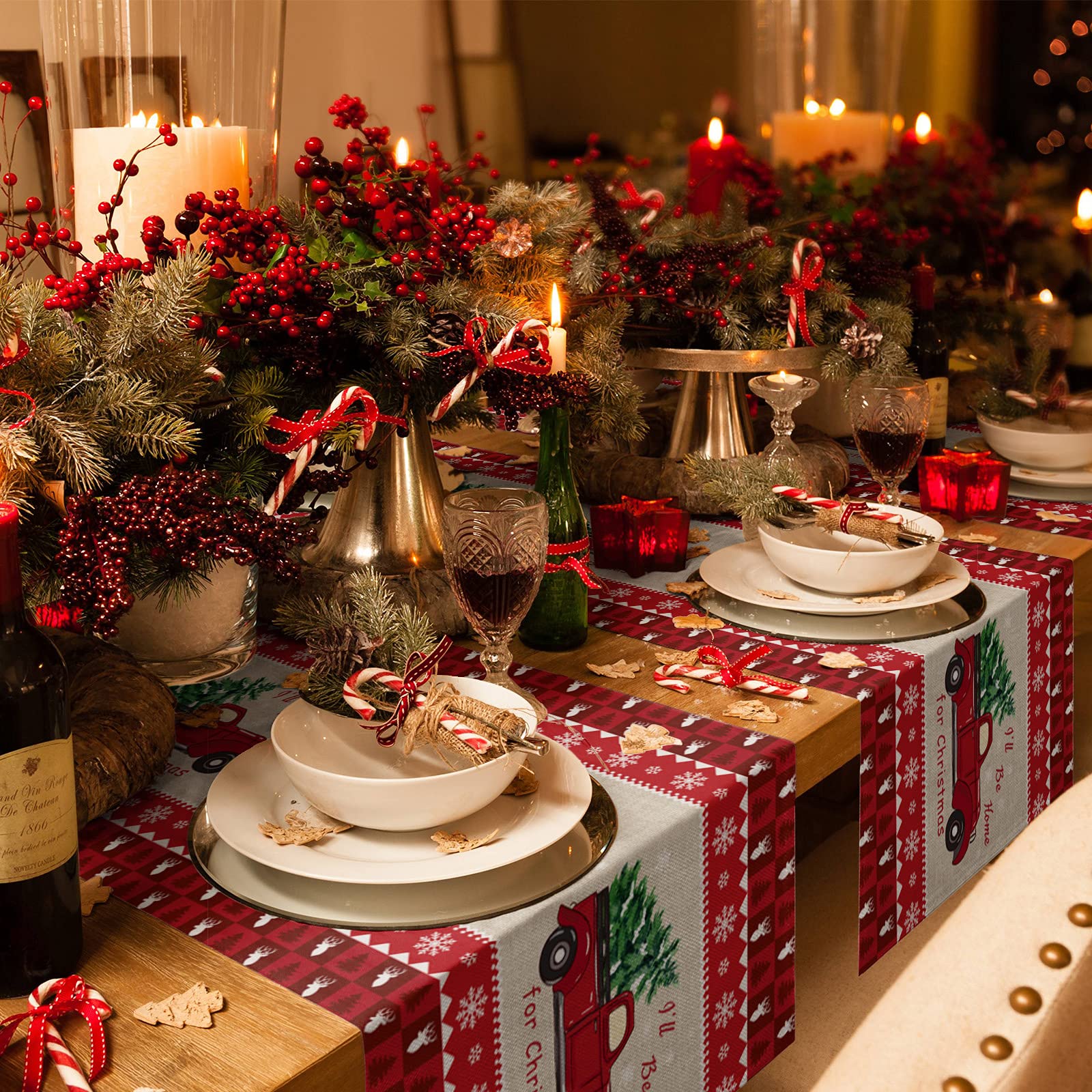 36 Inch Christmas Table Runner with Red Truck & Tree Design - Retro Holiday Kitchen, Dining, Living Room Decor - Perfect for Parties & Home Decoration (13x36 in) - Ideal for Christmas Dinners, Family Gatherings & Festive Home Styling