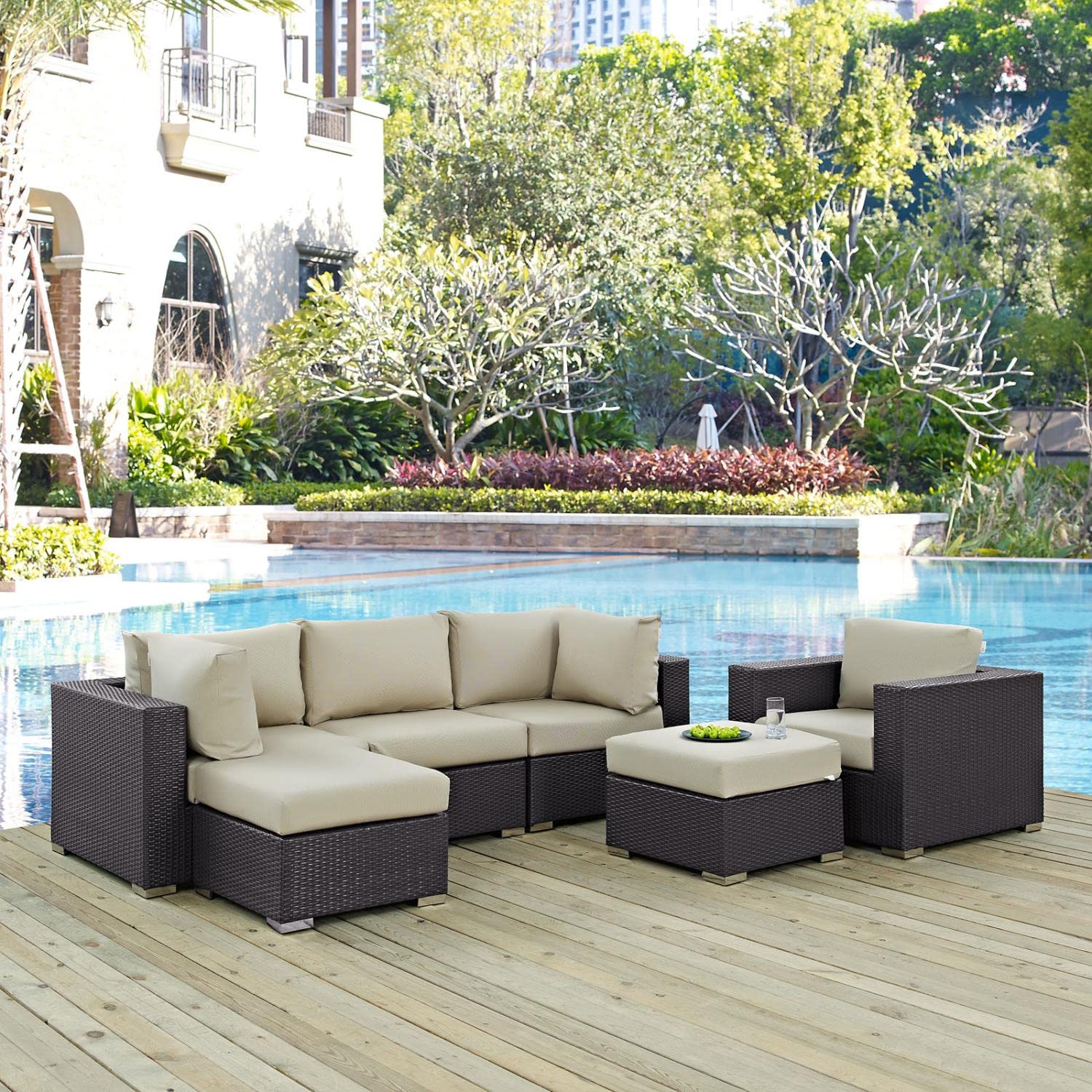 Modway Convene 6-Piece Wicker Rattan Outdoor Patio Sectional Sofa Set - Espresso Beige Color - Perfect for Backyard, Garden, Poolside & Terrace Relaxation