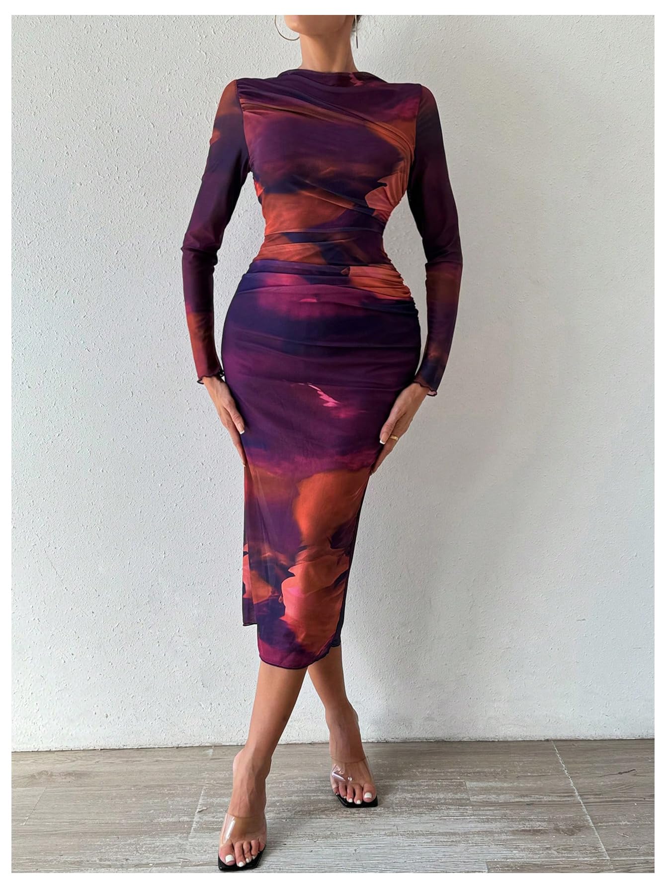 GORGLITTER Women's Ruched Tie Dye Bodycon Dress - Long Sleeve Mock Neck Midi Dress for Party, Club & Evening Wear | Sexy Stretchy Mesh Cocktail Dress