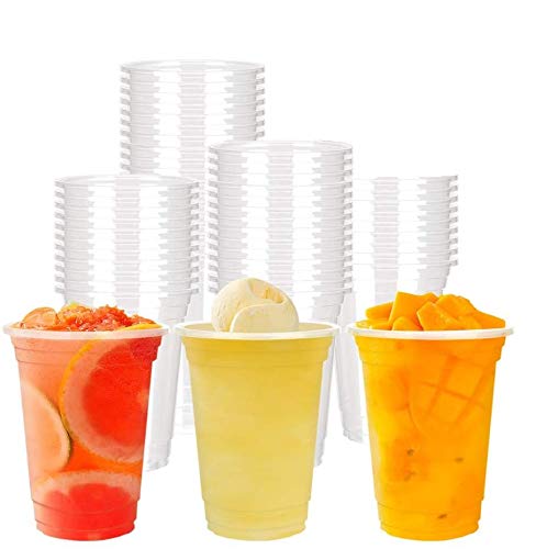 200-Pack AME D'ESSENCE 12 oz Disposable Clear Plastic Cups with Flat Lids & Bonus Straws - Perfect for Iced Coffee, Parties, and Beverage Service (100 Cups + 100 Lids)