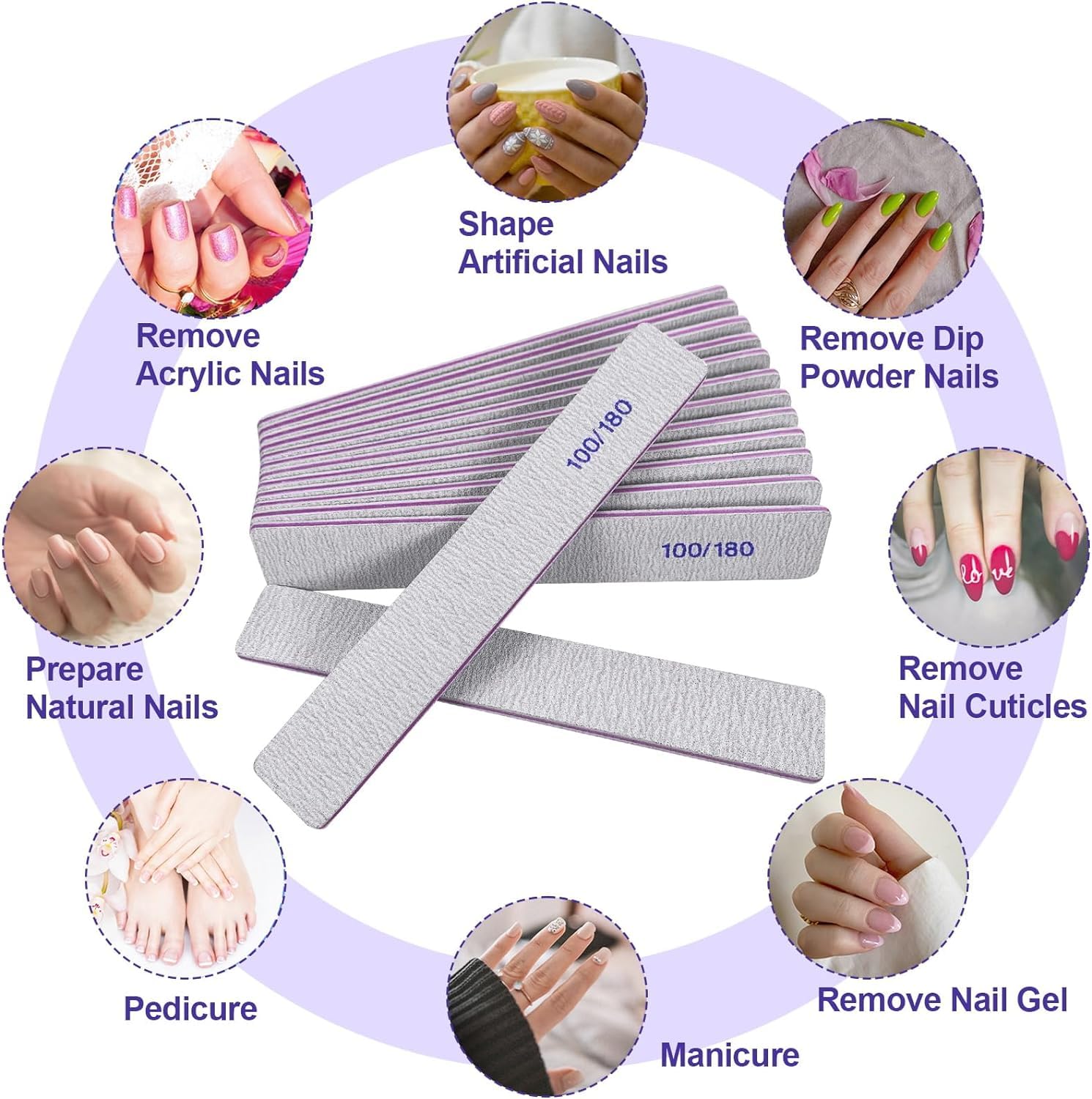 12 Pack Professional Nail Files - 100/180 Grit Double Sided Emery Boards for Natural & Acrylic Nails - Reusable Manicure Tools for Home Salon & Travel Nail Care