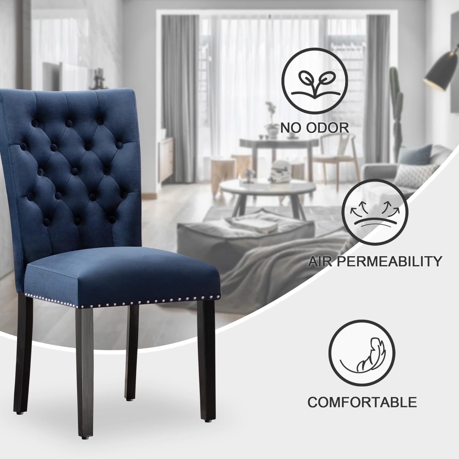 Velvet Dining Chairs Set of 2 - Blue Parsons Upholstered Dining Room Chairs with Wood Legs & Nailhead Trim - Perfect for Modern Dining Room, Kitchen, or Breakfast Nook