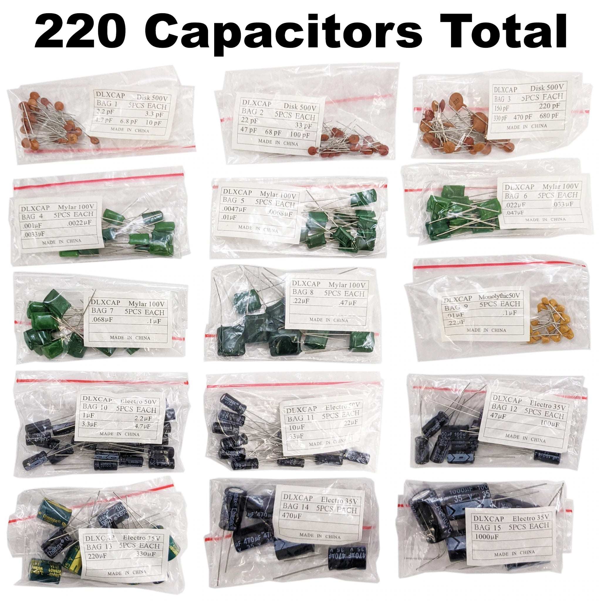 145 Piece Deluxe Capacitor Kit - Assorted Disk, Mylar, Monolithic & Electro Radial Capacitors for Electronics Repair, DIY Projects & Circuit Board Maintenance